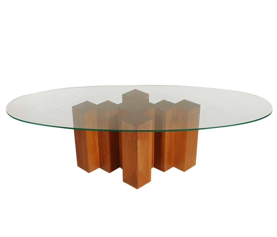 American Midcentury Danish Modern Walnut and Oval Glass Cocktail Table in Art Deco Form For Sale