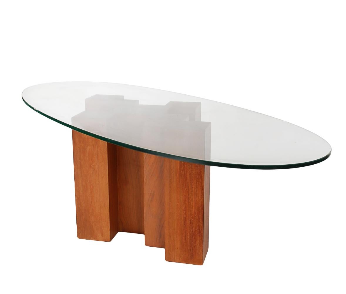 Midcentury Danish Modern Walnut and Oval Glass Cocktail Table in Art Deco Form In Good Condition For Sale In Philadelphia, PA