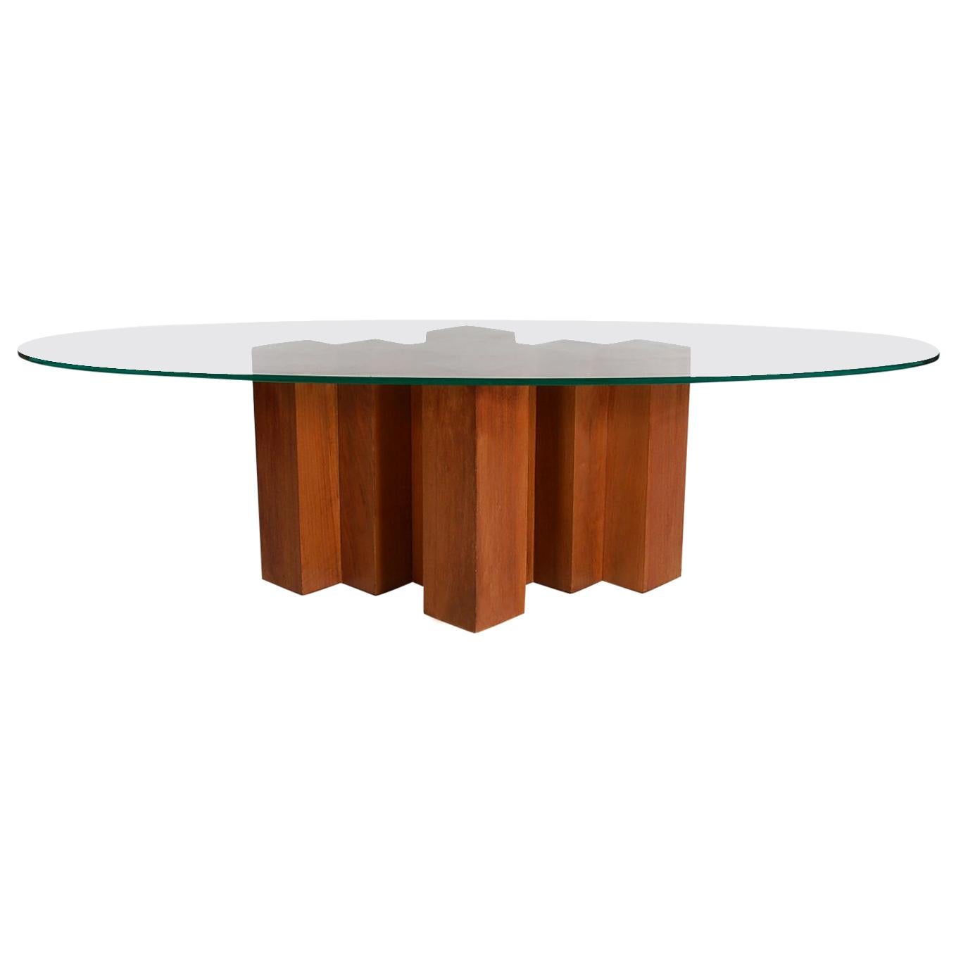 Midcentury Danish Modern Walnut and Oval Glass Cocktail Table in Art Deco Form For Sale