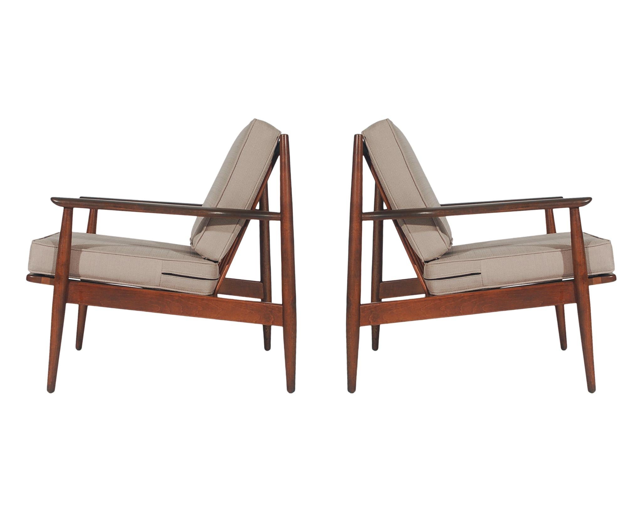 American Mid Century Danish Modern Walnut Armchair Lounge Chairs in Grey Tweed