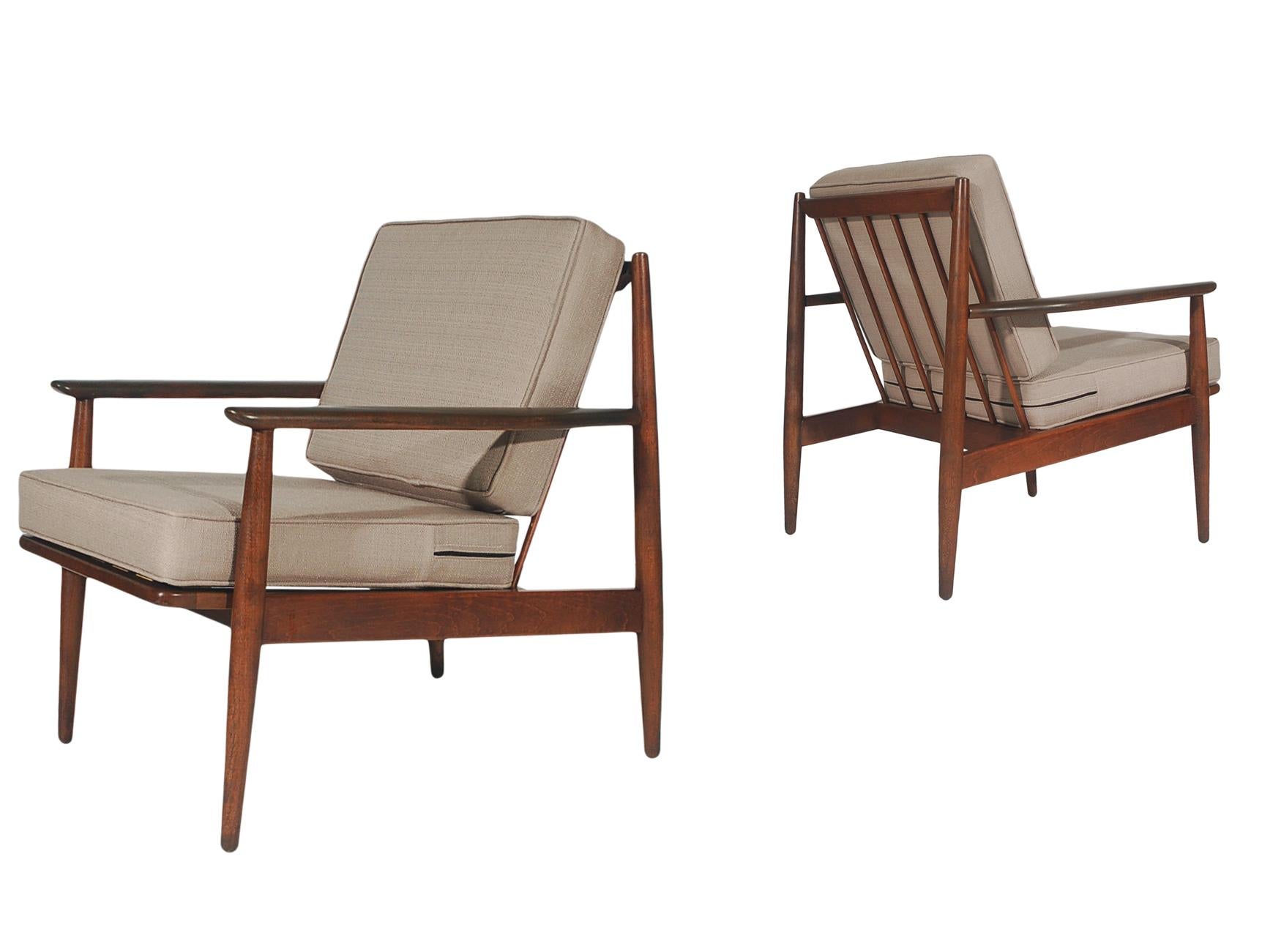 Fabric Mid Century Danish Modern Walnut Armchair Lounge Chairs in Grey Tweed