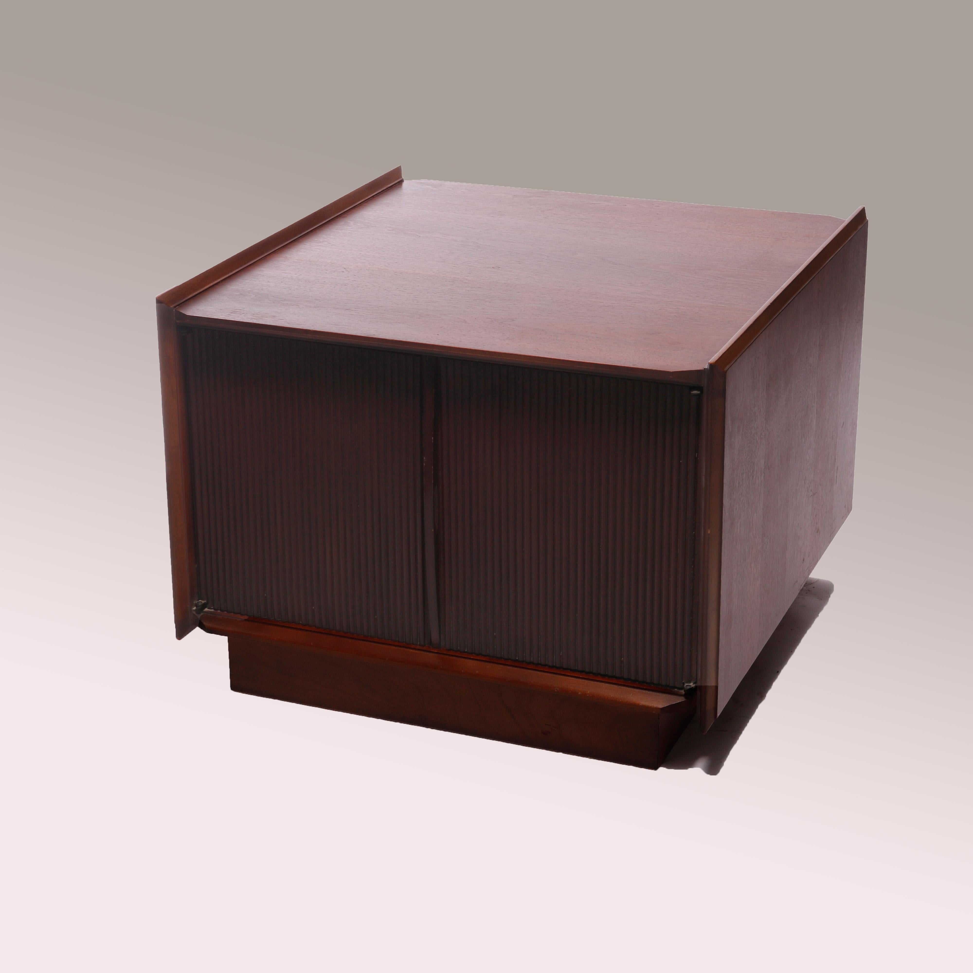 Mid Century Danish Modern Walnut End Table with Tambour Style Doors C1960 In Good Condition For Sale In Big Flats, NY