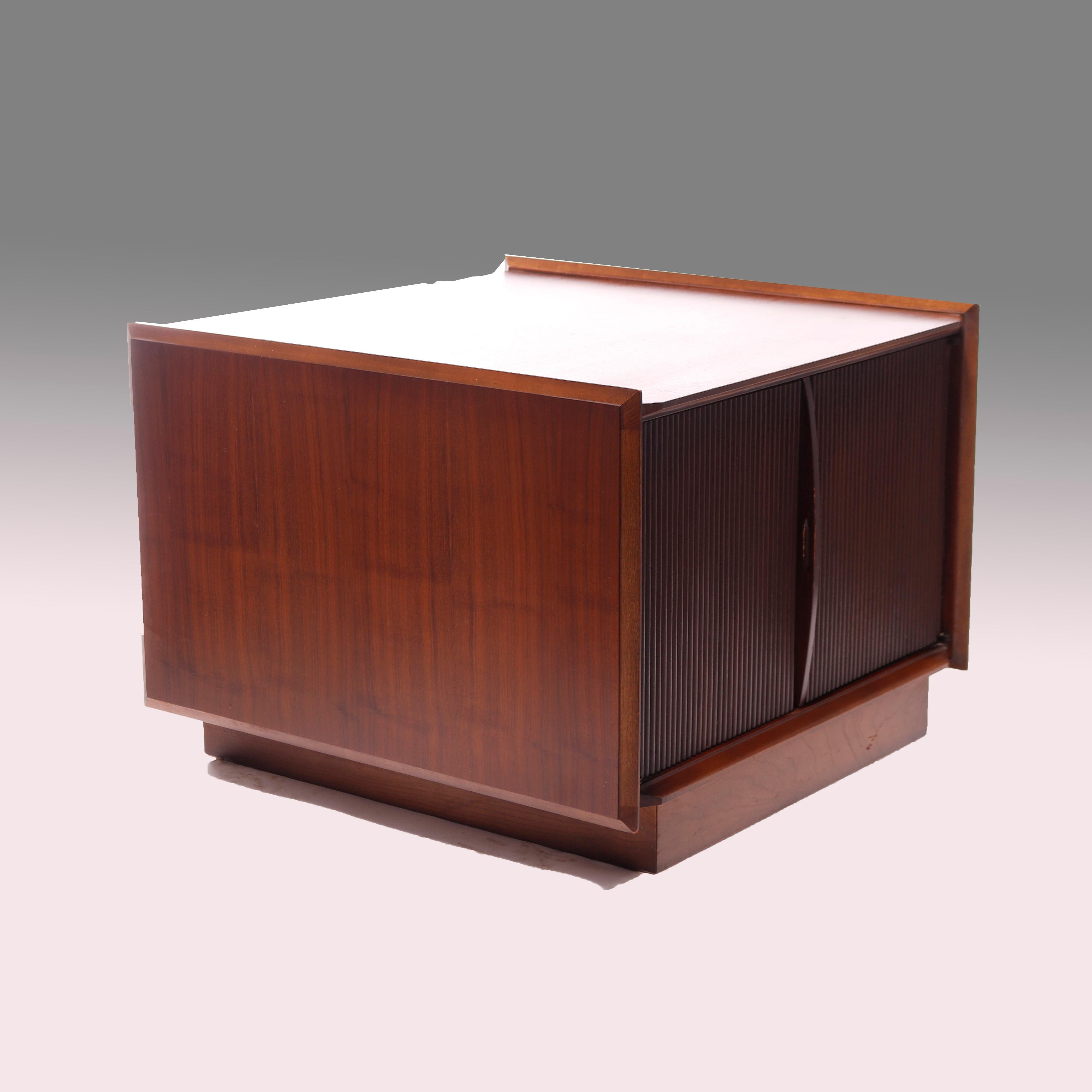 Mid Century Danish Modern Walnut End Table with Tambour Style Doors C1960 For Sale 1