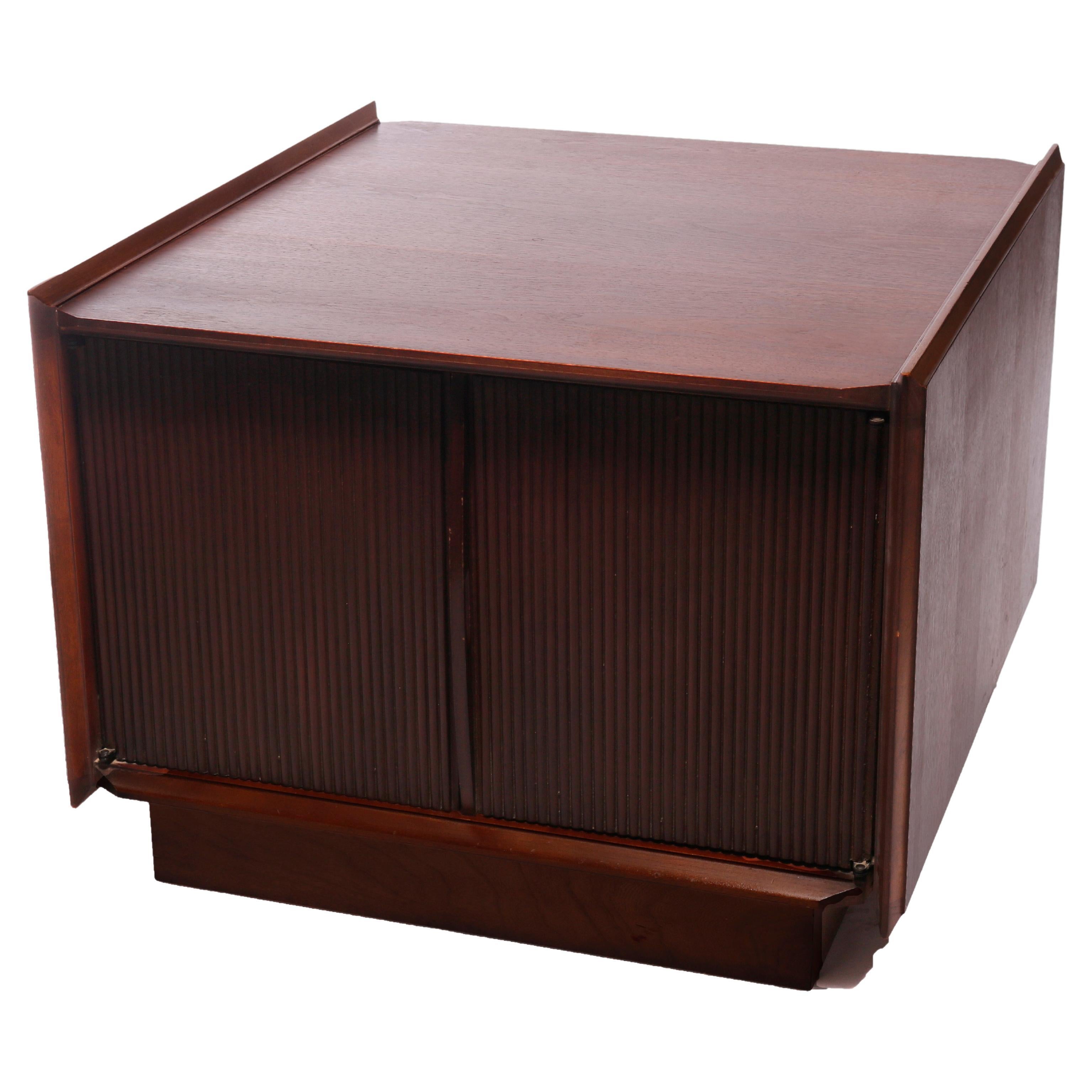 Mid Century Danish Modern Walnut End Table with Tambour Style Doors C1960 For Sale
