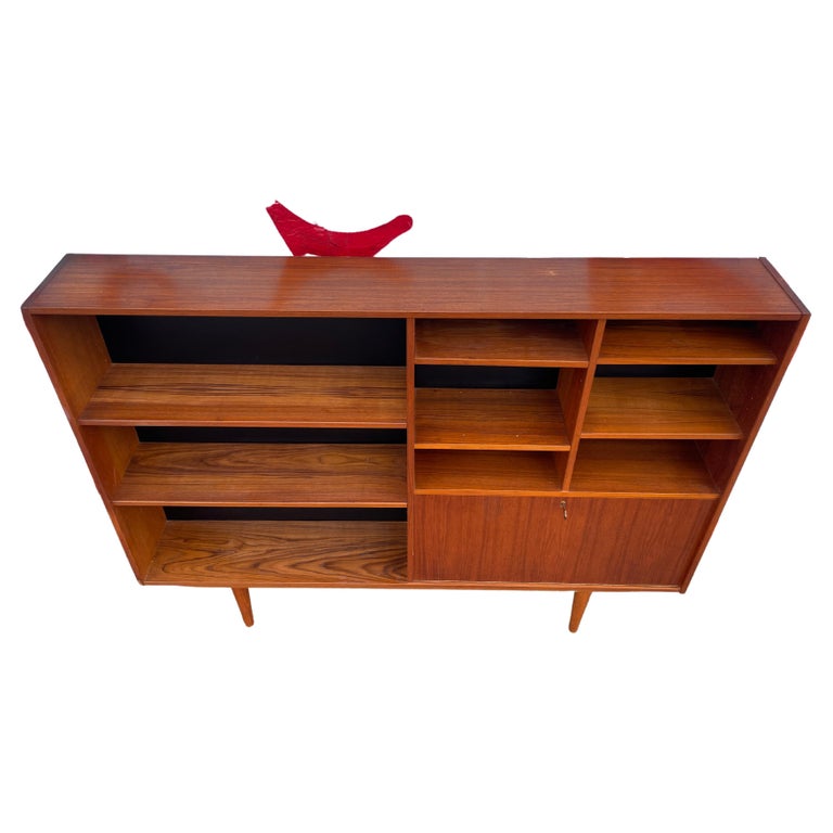 MidCentury Danish Modern Wide Slim Bookcase with Lower Storage Unit