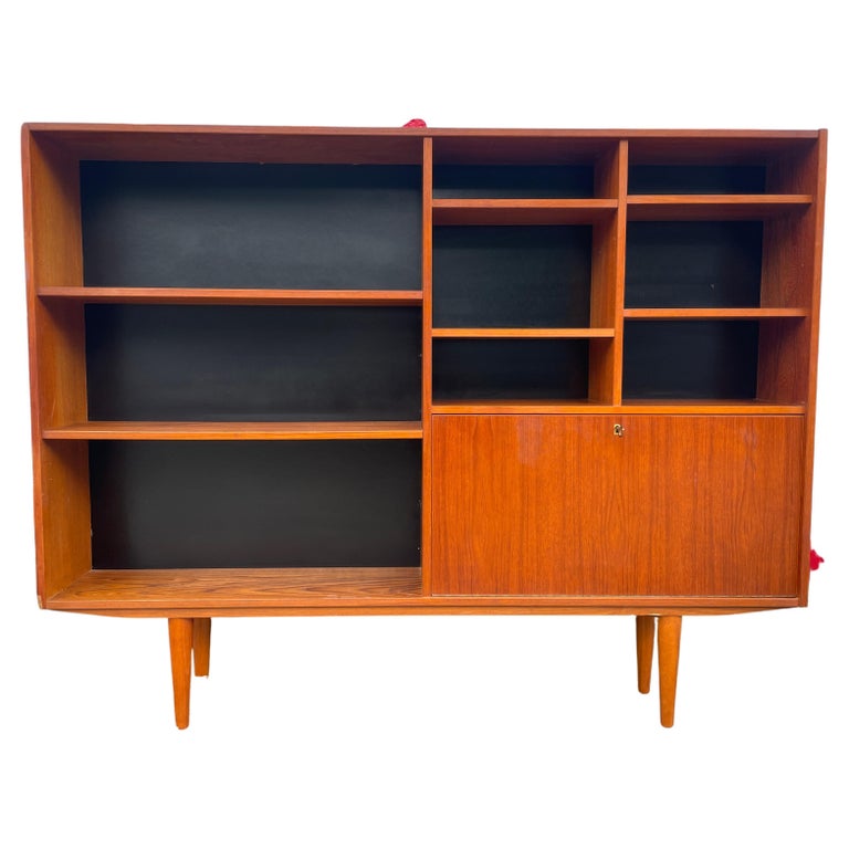 MidCentury Danish Modern Wide Slim Bookcase with Lower Storage Unit