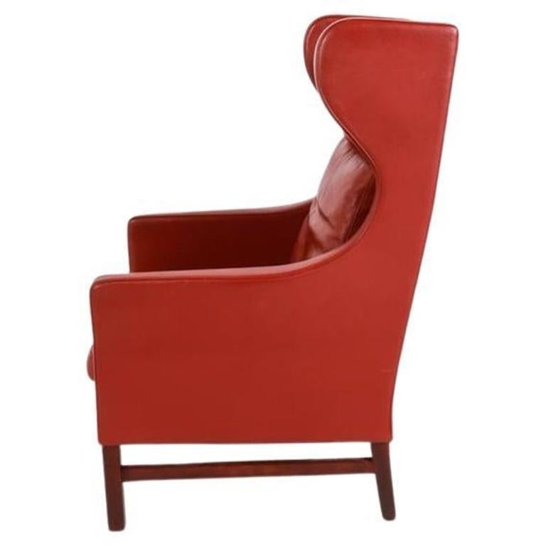 Falegnameria Sedia Wingback in pelle rossa della metà del secolo scorso in stile danese di Børge Mogensen in vendita