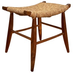 Mid-Century Danish Modern Woven Rush Ropecord Ottoman Footstool, Accent Seat