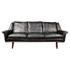 Mid Century Danish Norwegian Three Seater Sofa Black Leather Vintage Retro MCM
