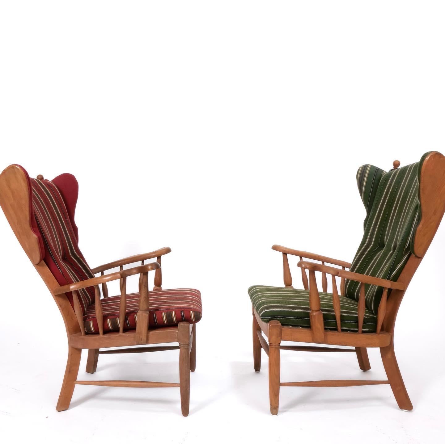 20th Century Mid Century Danish Oak Wingback Lounge Chairs, A Pair For Sale