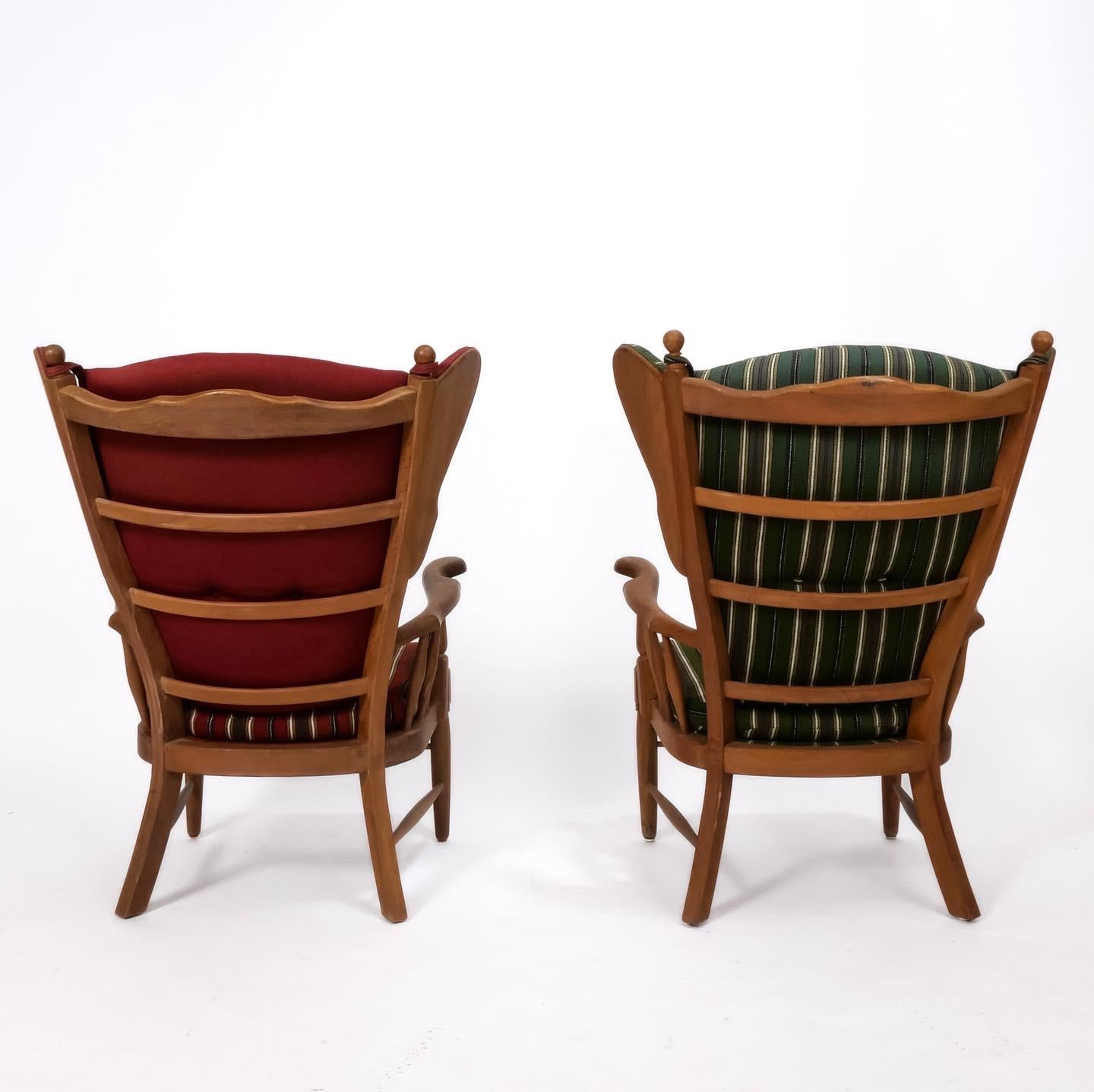 Fabric Mid Century Danish Oak Wingback Lounge Chairs, A Pair For Sale