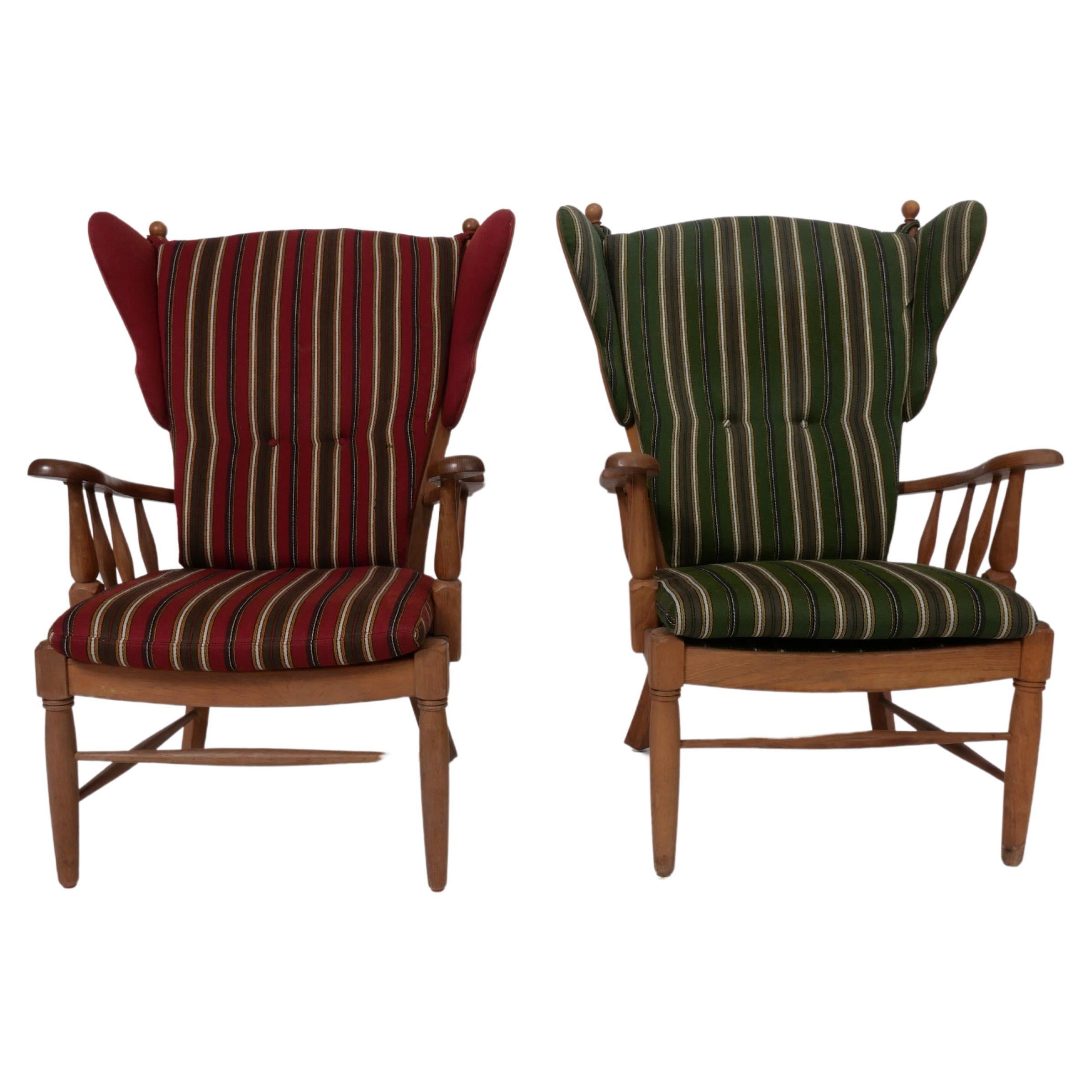 Mid Century Danish Oak Wingback Lounge Chairs, A Pair