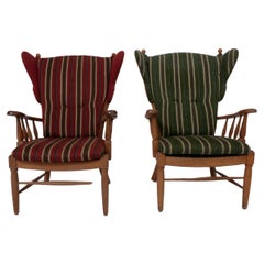 Vintage Mid Century Danish Oak Wingback Lounge Chairs, A Pair