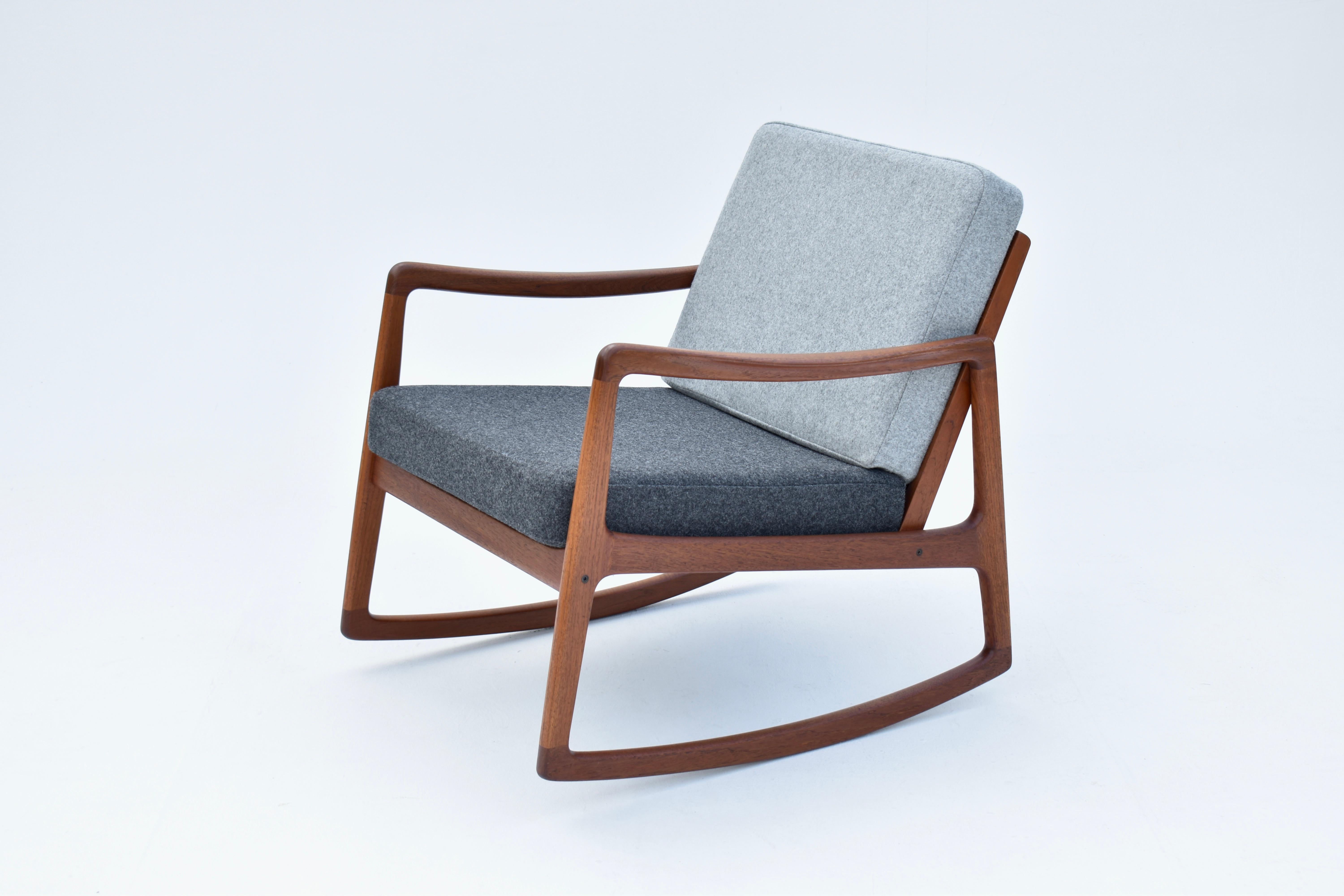 Scandinavian Modern Mid Century Danish Ole Wanscher Model 120 Teak Rocking Chair For France & Son