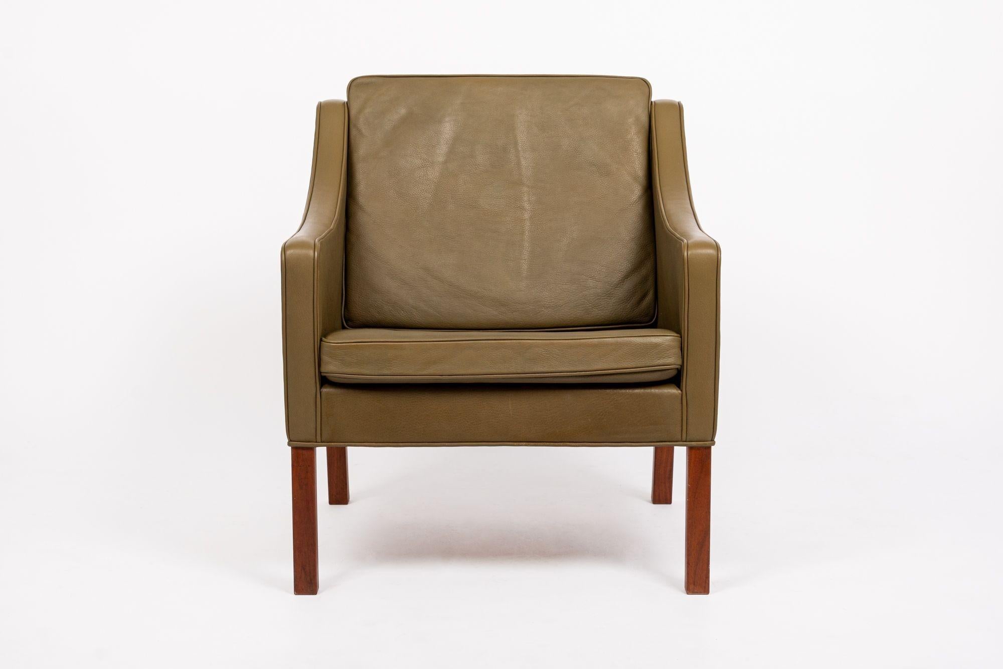 Mid-Century Modern Mid Century Danish Olive Green Leather Lounge Chair by Borge Mogensen For Sale