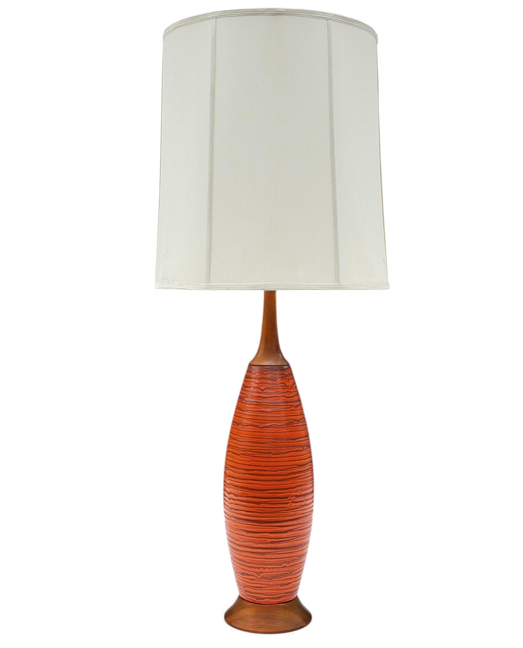 Mid-20th Century Mid-Century Danish or Italian Modern Orange Ceramic Pottery & Walnut Table Lamp For Sale