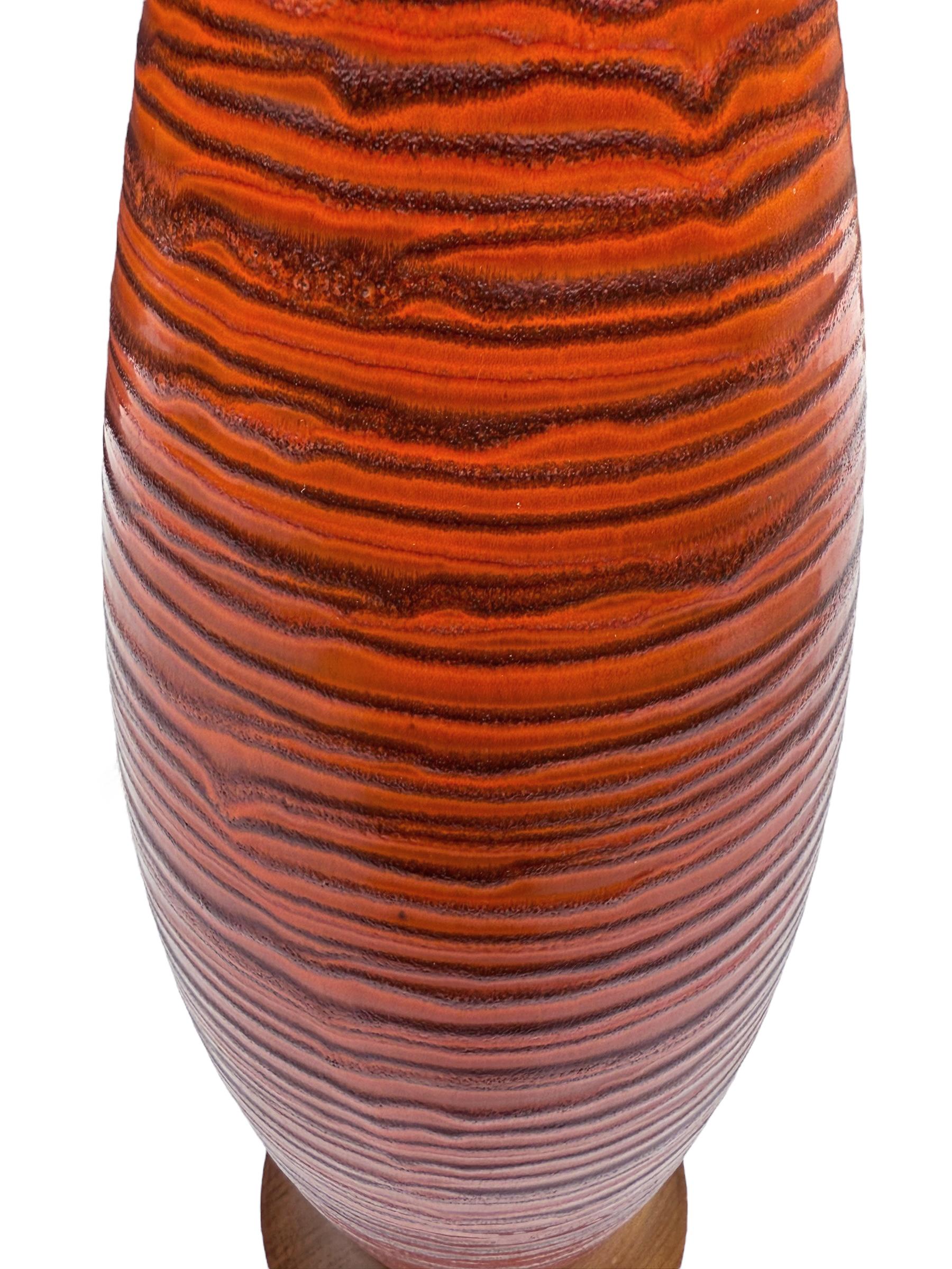 Mid-Century Danish or Italian Modern Orange Ceramic Pottery & Walnut Table Lamp For Sale 1