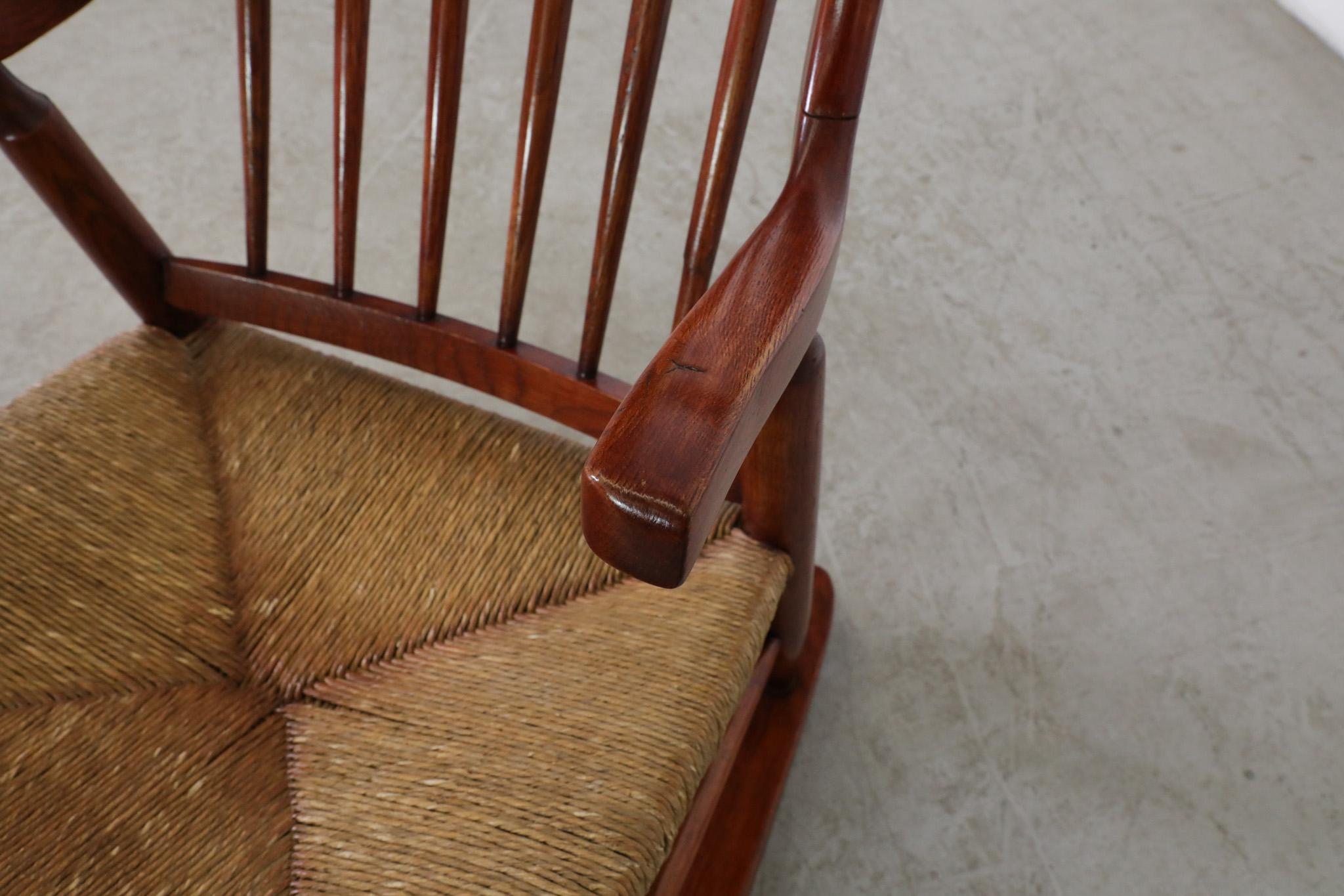 Mid-Century Danish Organic Curved Back Spindle Back Rocking Chair with Rush Seat For Sale 5