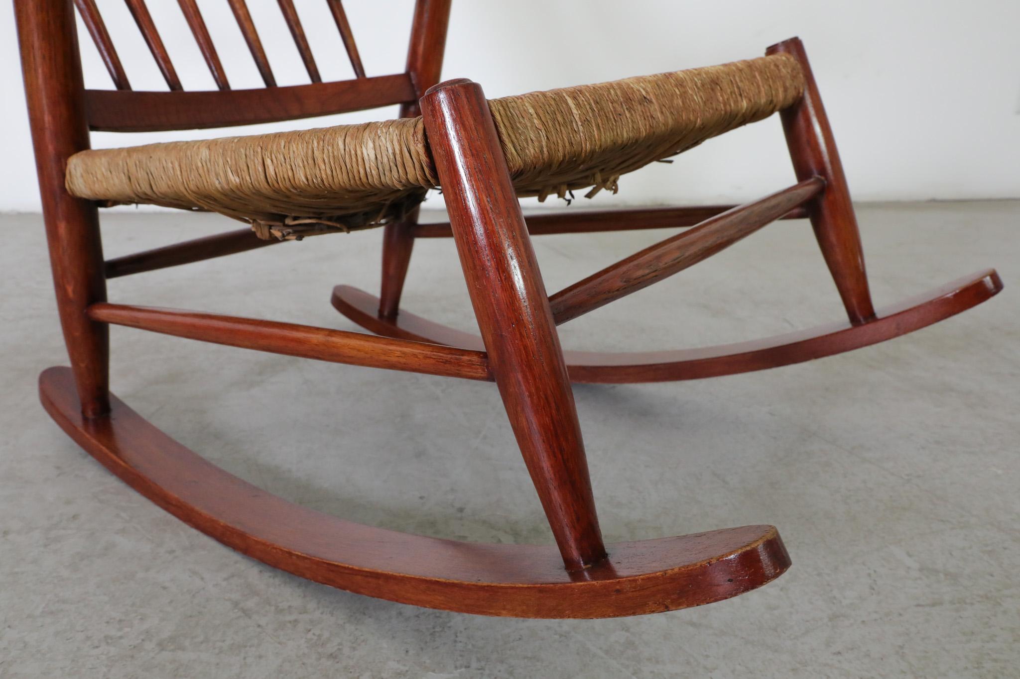 Mid-Century Danish Organic Curved Back Spindle Back Rocking Chair with Rush Seat For Sale 7