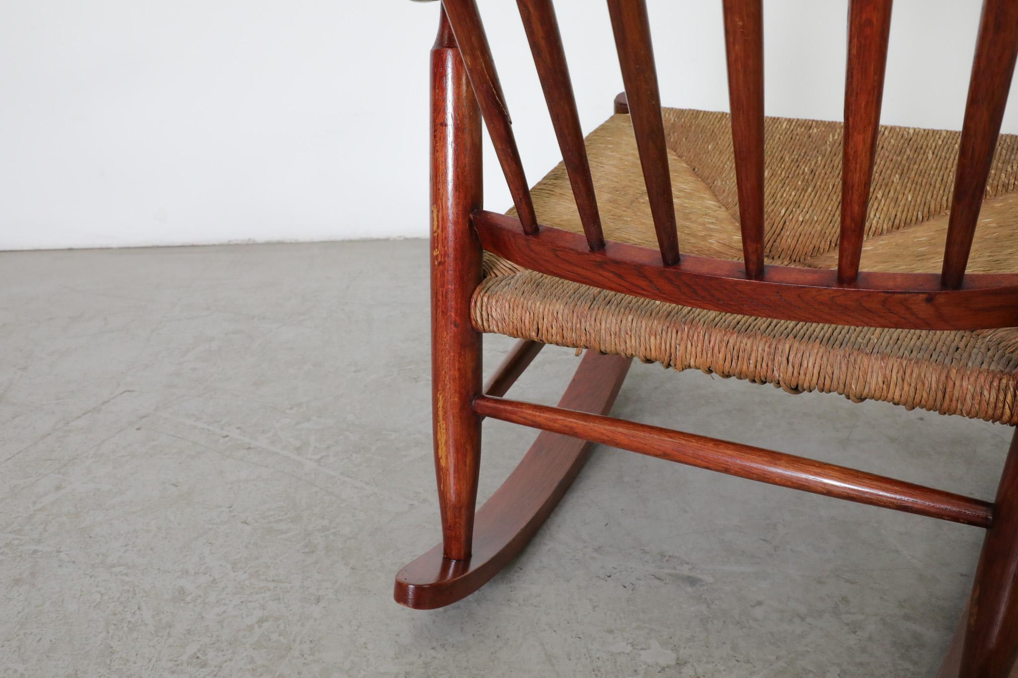 Mid-Century Danish Organic Curved Back Spindle Back Rocking Chair with Rush Seat For Sale 8