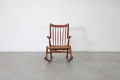 Mid-Century Danish Spindle Back Rocking Chair, Crimson Oak, Rush Seat
