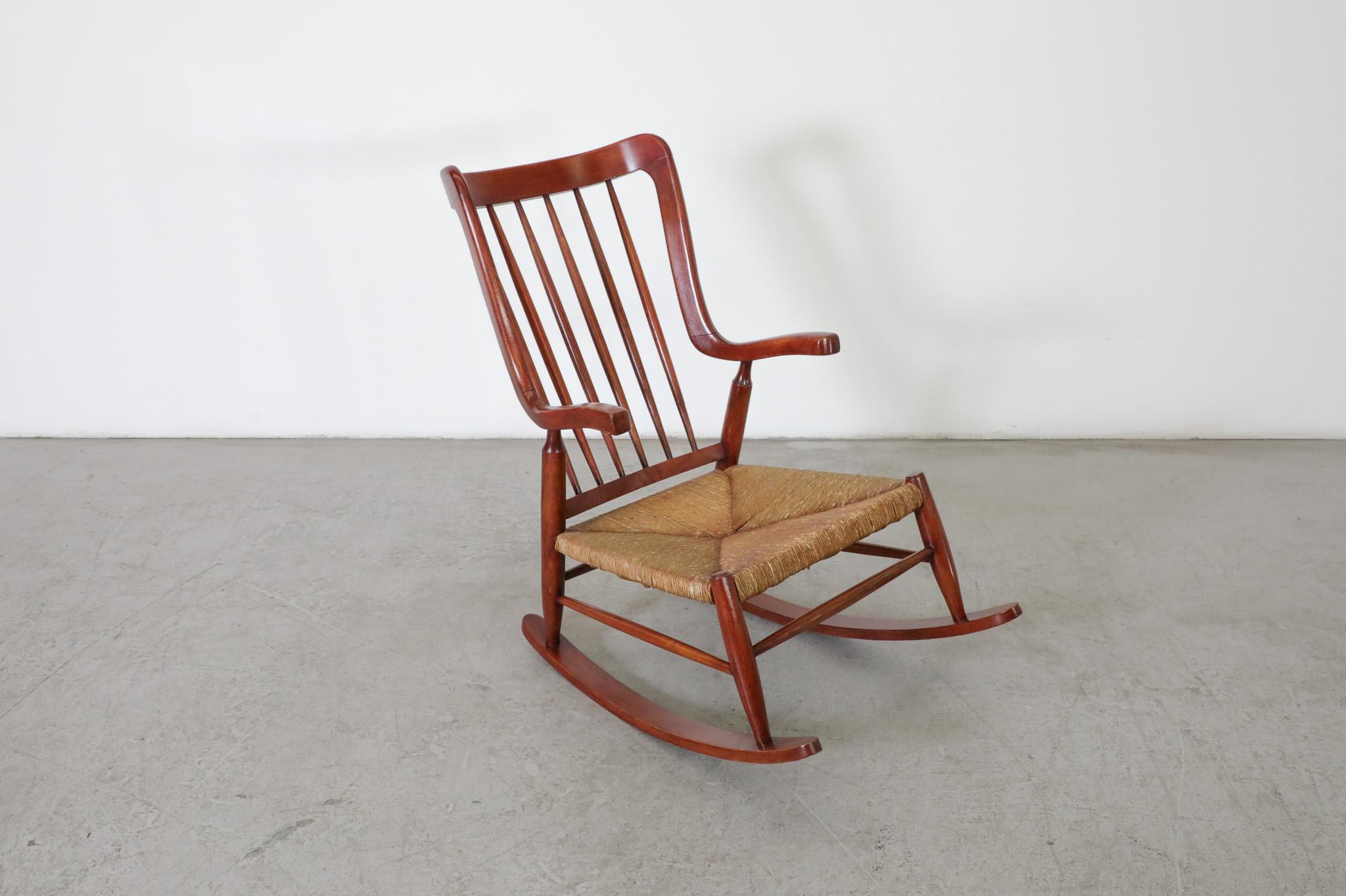 Mid-20th Century Mid-Century Danish Organic Curved Back Spindle Back Rocking Chair with Rush Seat For Sale