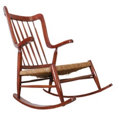 Vintage Mid-Century Danish Organic Curved Back Spindle Back Rocking Chair with Rush Seat