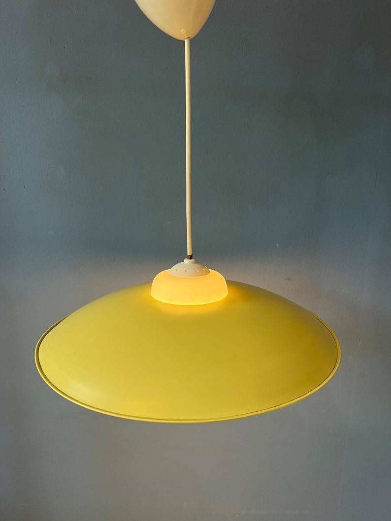 Glass Mid Century Danish Pendant Lamp with Yellow Metal Cover, 1970s For Sale