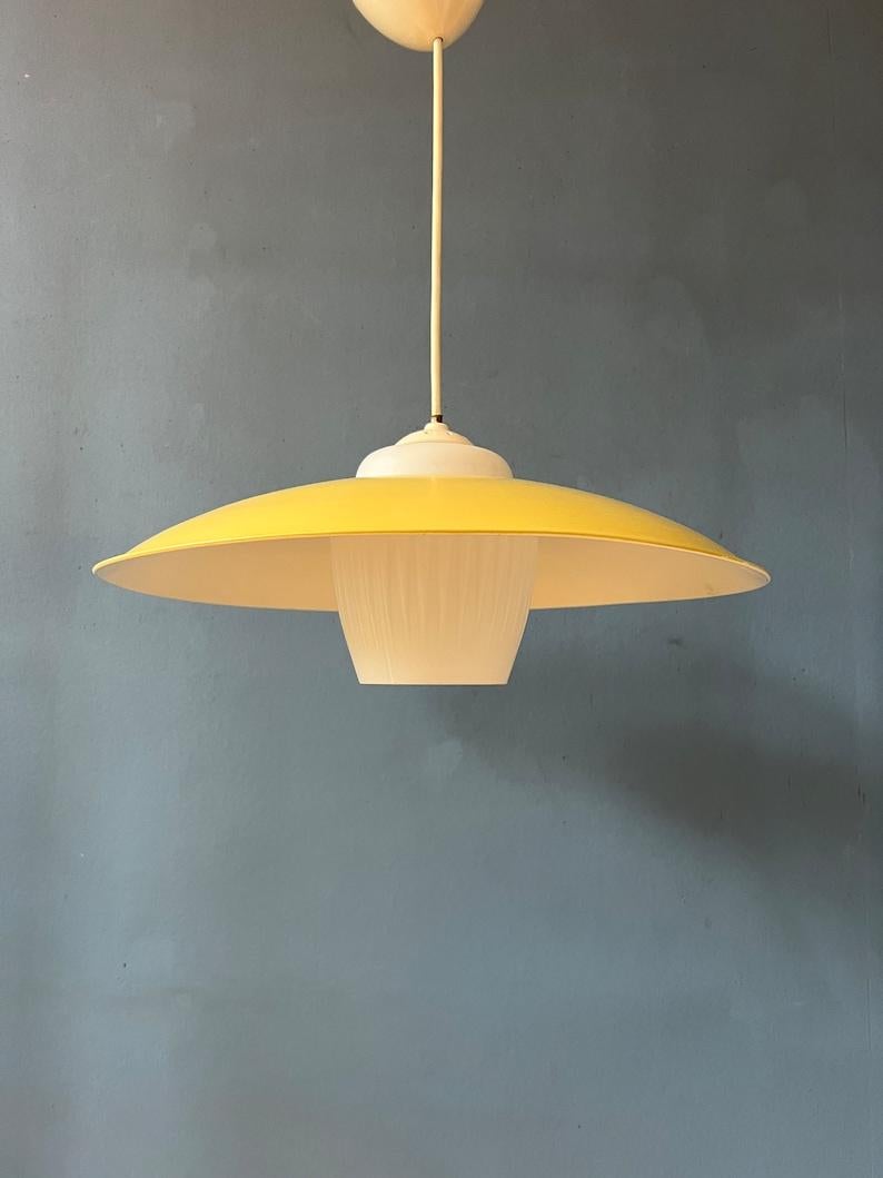 Mid Century Danish Pendant Lamp with Yellow Metal Cover, 1970s For Sale 1