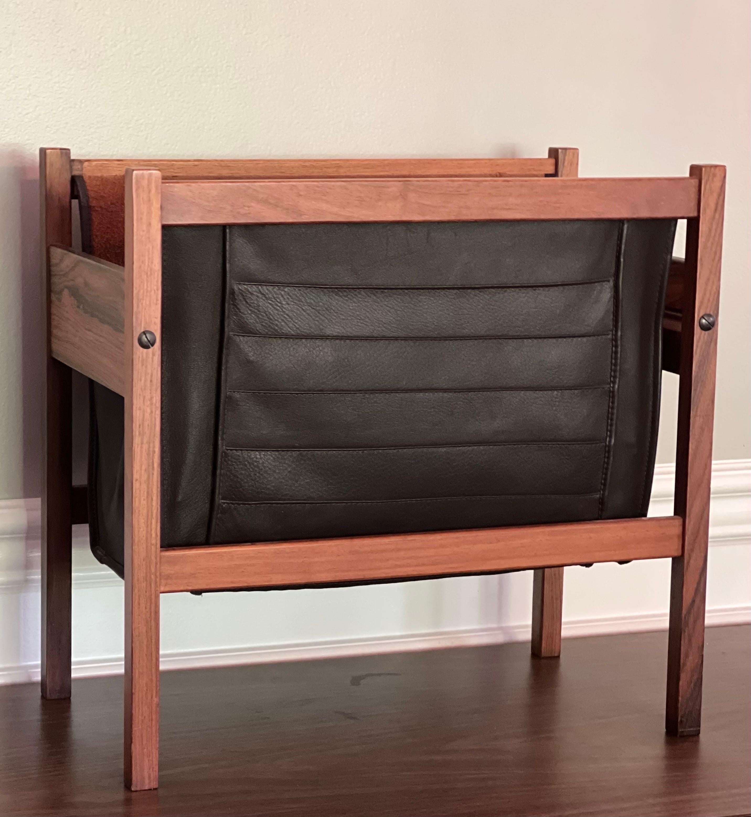 Mid-Century Modern Mid-Century Danish Rosewood and Leather Magazine Rack For Sale