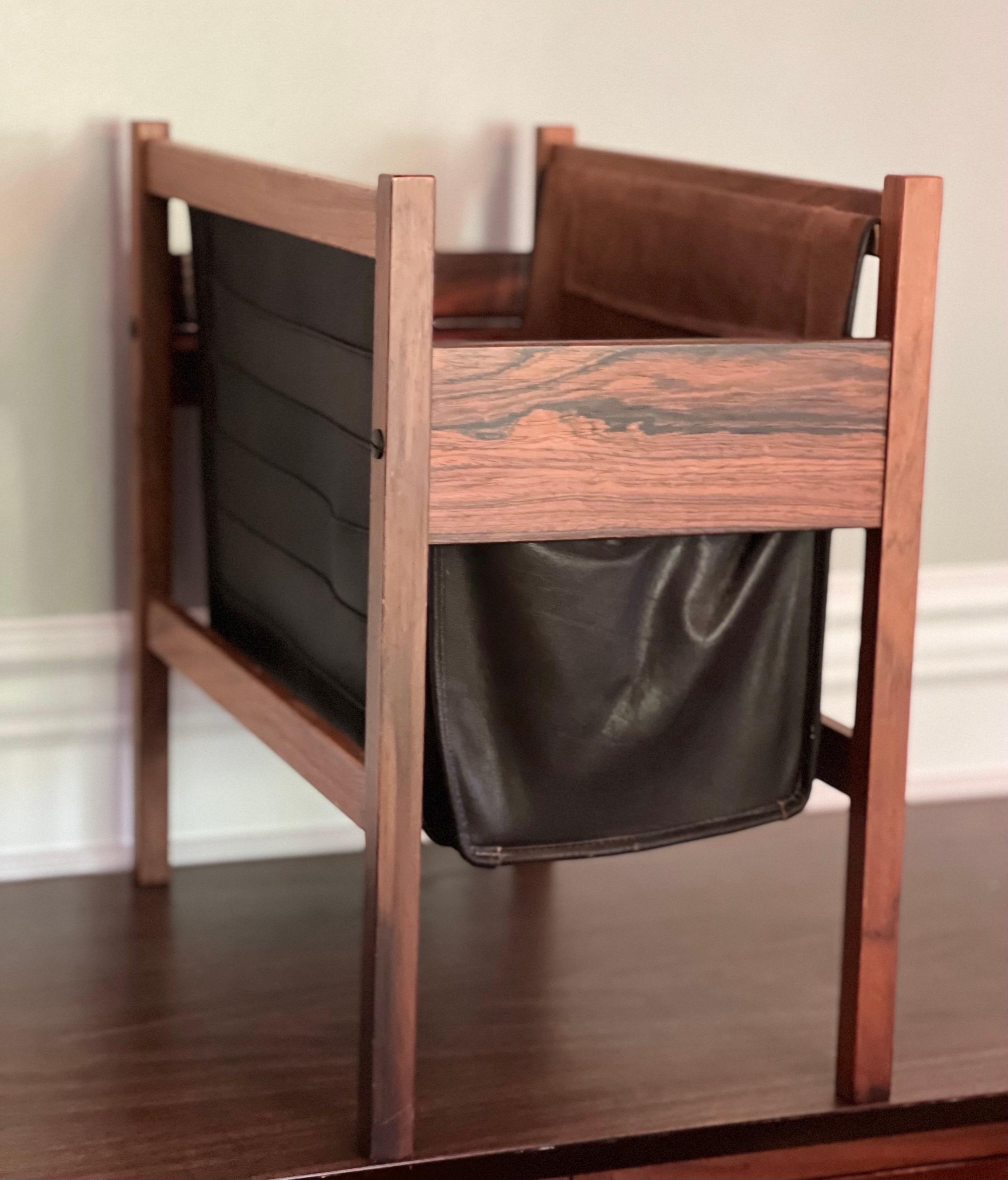 20th Century Mid-Century Danish Rosewood and Leather Magazine Rack For Sale