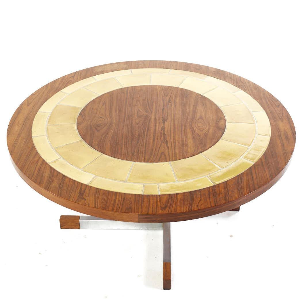 American Mid Century Danish Rosewood and Tile Round Coffee Table For Sale