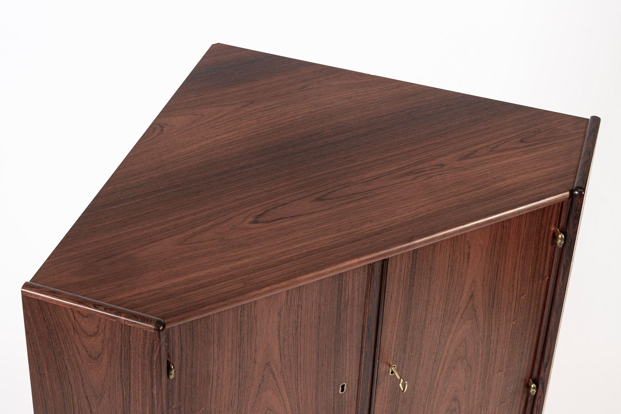 Brass Mid Century Danish Rosewood Corner Bar Cabinet 1960s For Sale