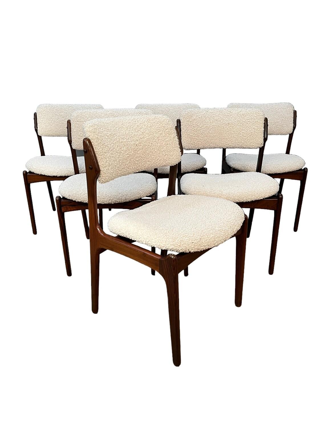 Curated Mid-Century danish rosewood dining chairs set of 6 with new boucle cotton upholstery. 
super comfy and sturdy. 
W20 x D18 x H32 inches
Seat height: 18 inches