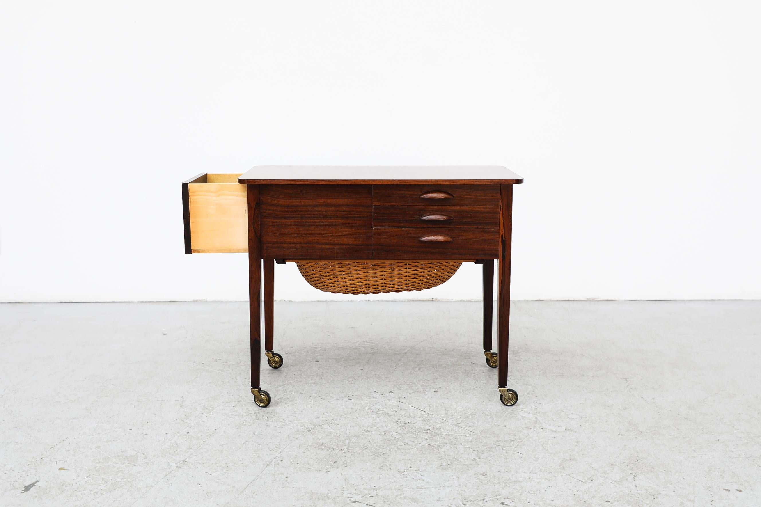 Mid-Century Modern Mid-Century Danish Rolling Rosewood Sewing Cart / Side Table w/ Storage & Basket For Sale