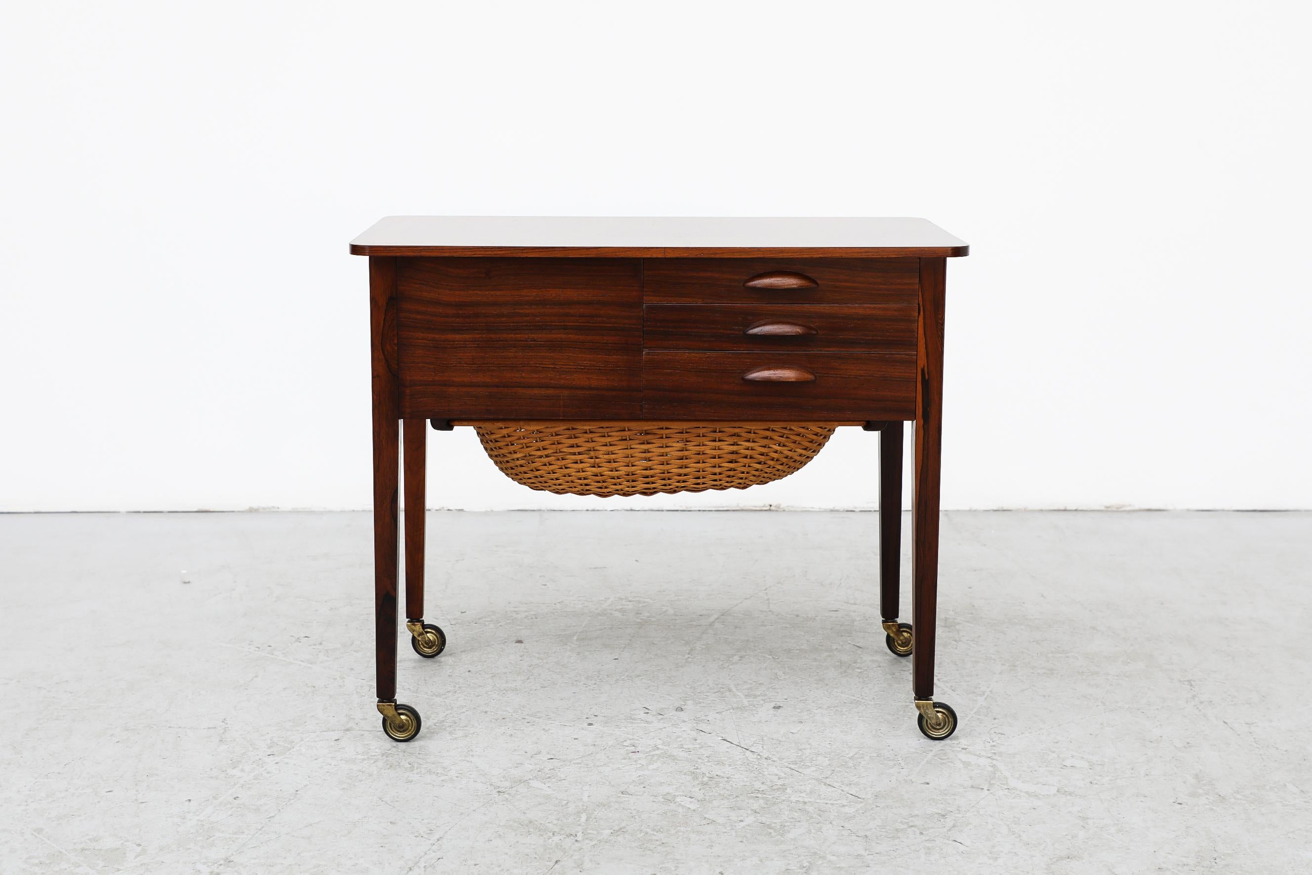 Mid-Century Danish Rolling Rosewood Sewing Cart / Side Table w/ Storage & Basket For Sale 1