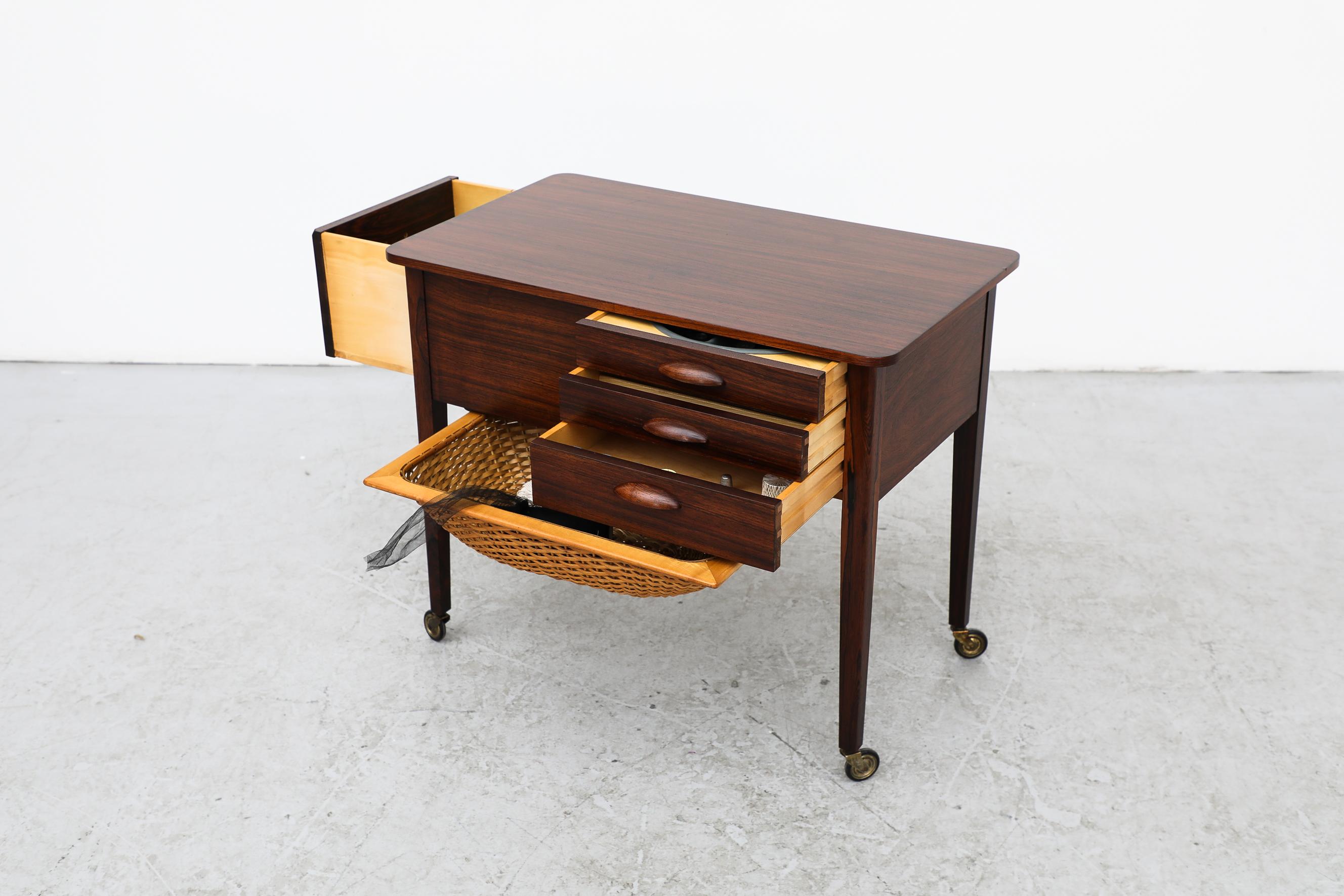 Mid-Century Danish Rolling Rosewood Sewing Cart / Side Table w/ Storage & Basket For Sale 2
