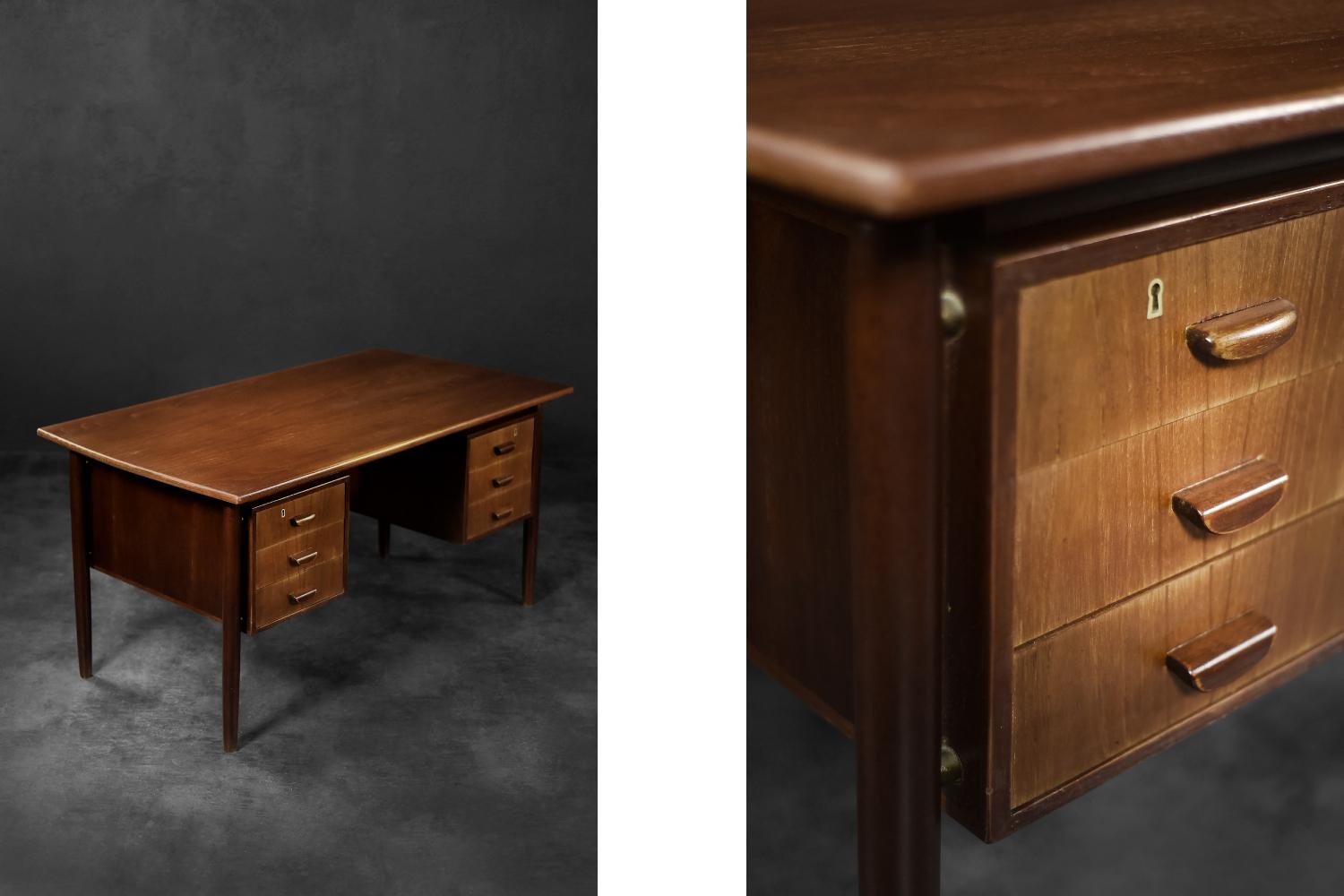 This large, bilateral desk was made in Denmark during the 1960s. It is finished with teak wood in a warm shade of brown. It is a piece of furniture with a balanced design, where style and functionality go hand in hand. The front consist of a block