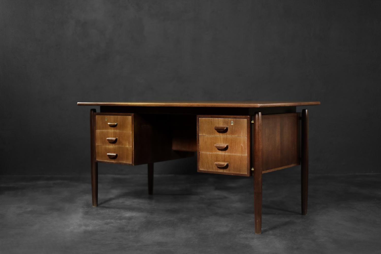 Mid-20th Century Mid-Century Danish Scandinavian Modern Teak Bilateral Desk with Drawers, 1960s For Sale