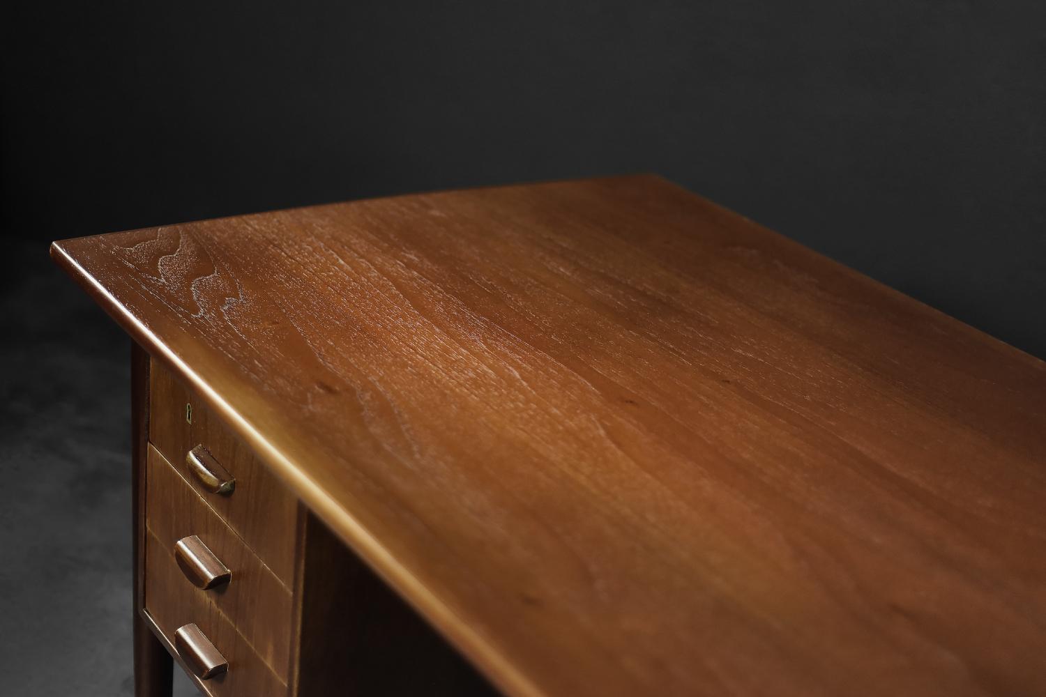 Brass Mid-Century Danish Scandinavian Modern Teak Bilateral Desk with Drawers, 1960s For Sale