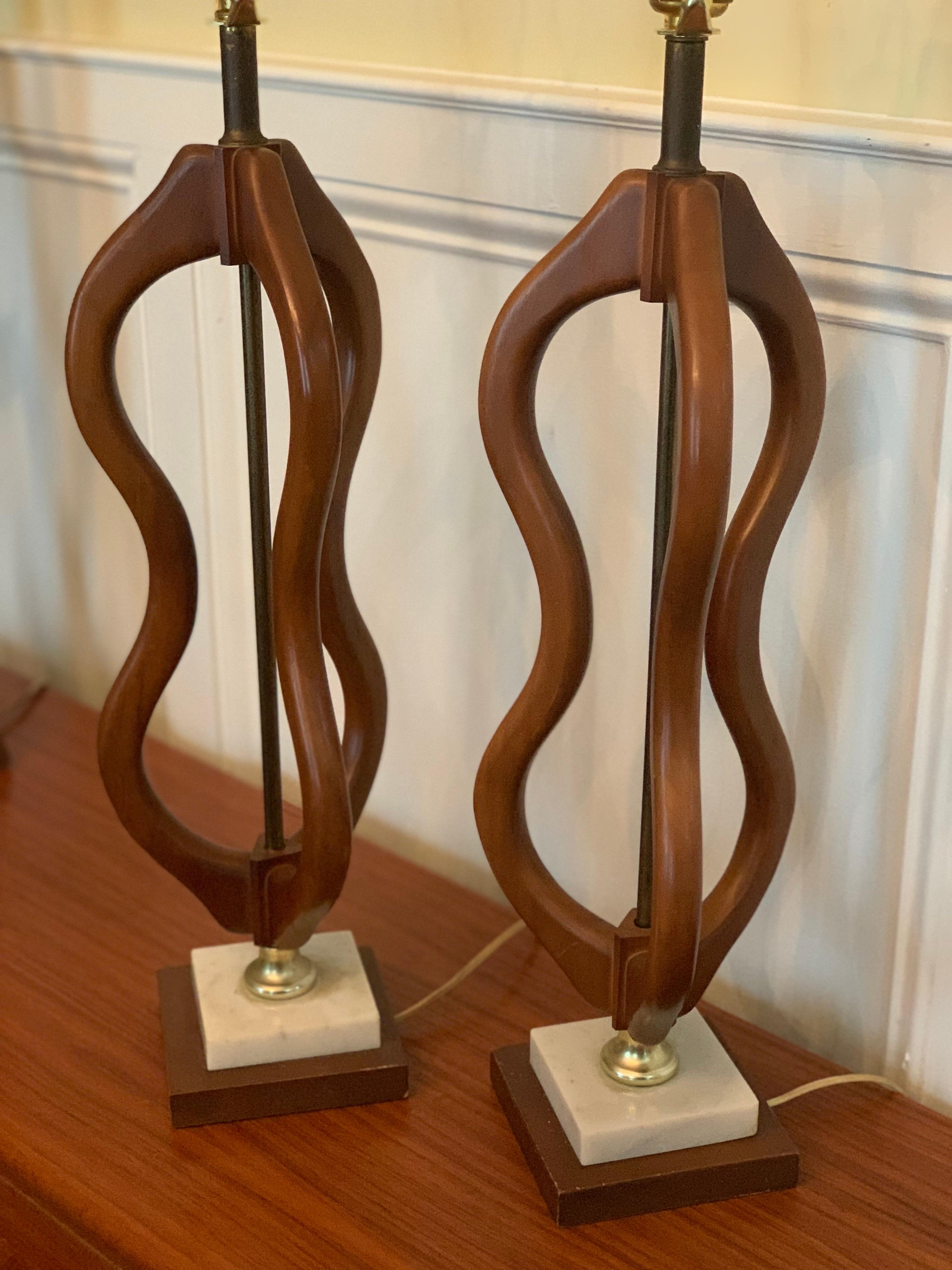 Unknown Mid Century Danish Sculptural Teak and Marble Base Lamps, a Pair For Sale