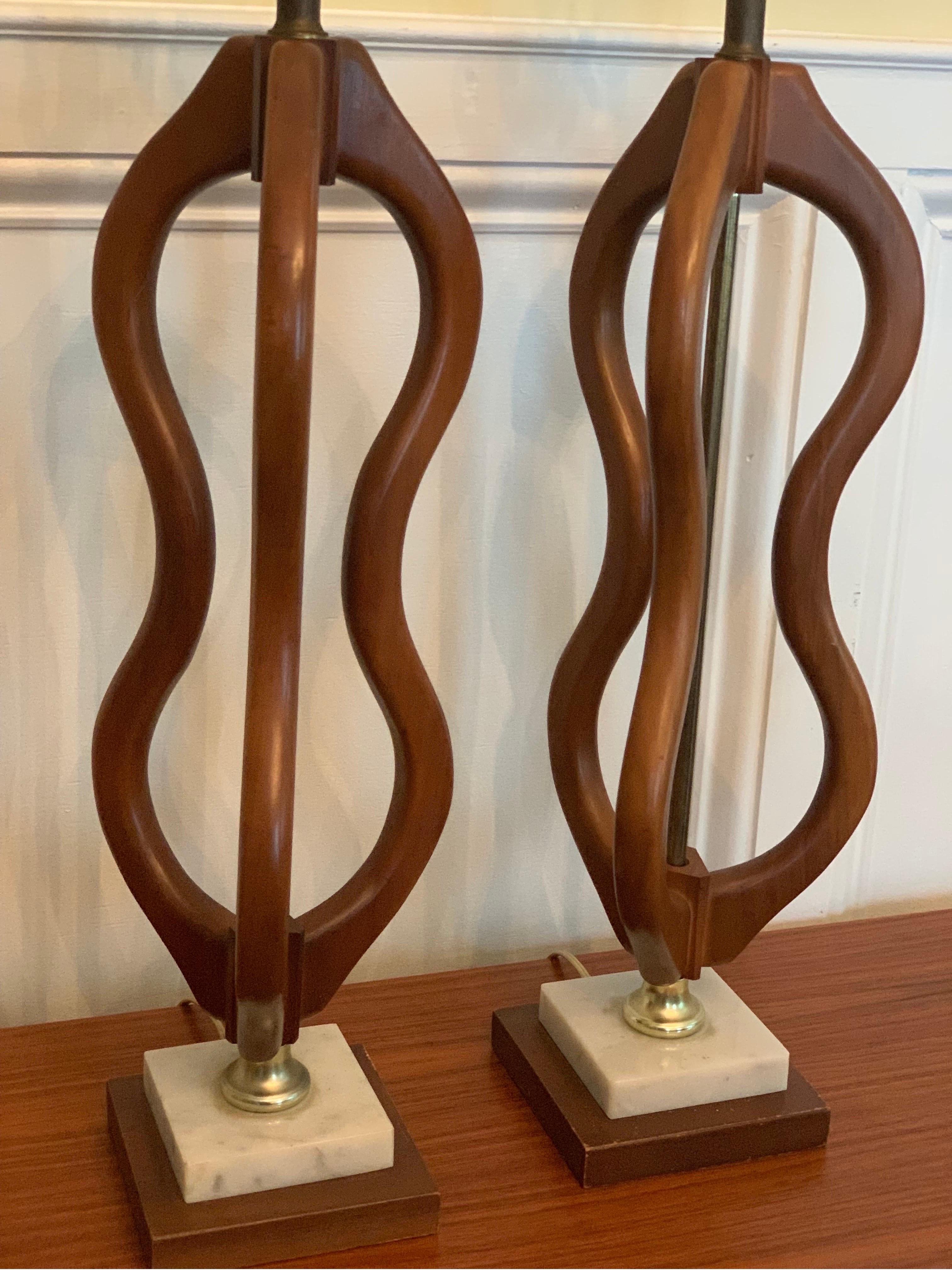 Mid Century Danish Sculptural Teak and Marble Base Lamps, a Pair In Good Condition For Sale In Doylestown, PA