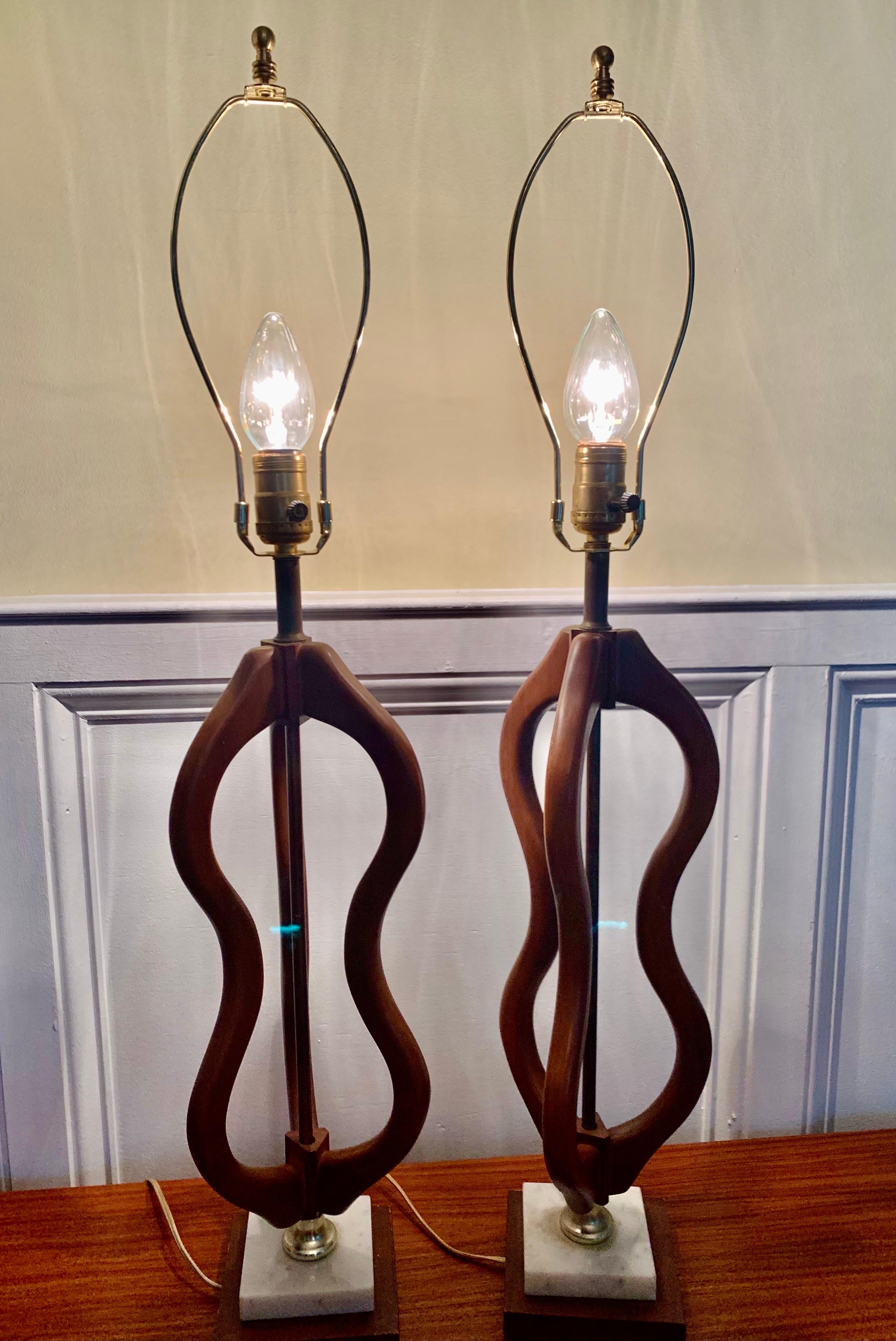 20th Century Mid Century Danish Sculptural Teak and Marble Base Lamps, a Pair For Sale