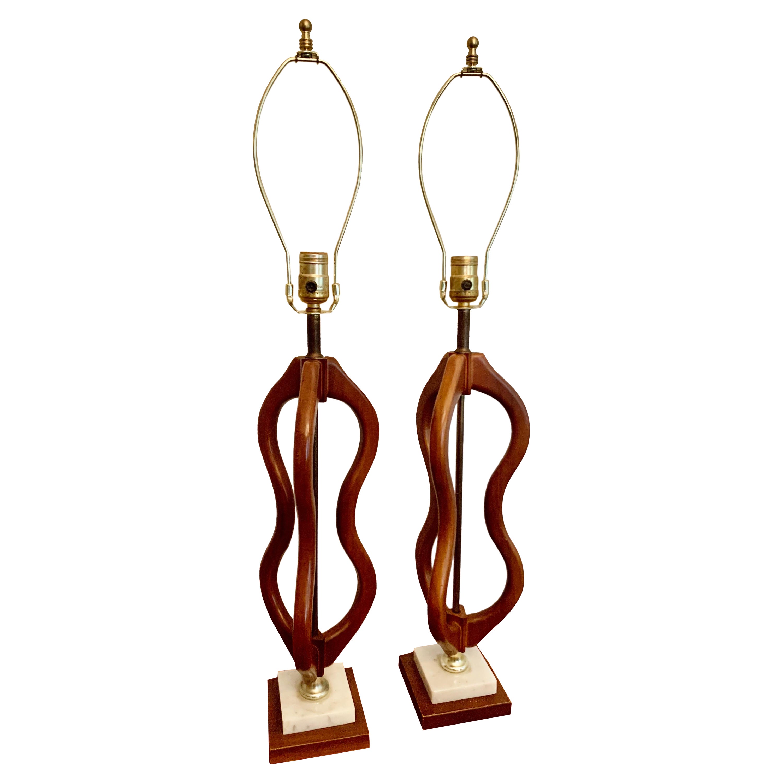 Mid Century Danish Sculptural Teak and Marble Base Lamps, a Pair