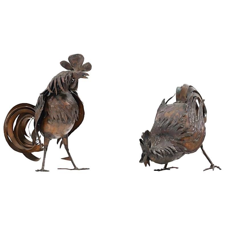 Mid Century Danish Sculptures / Pair of Roosters in Copper For Sale