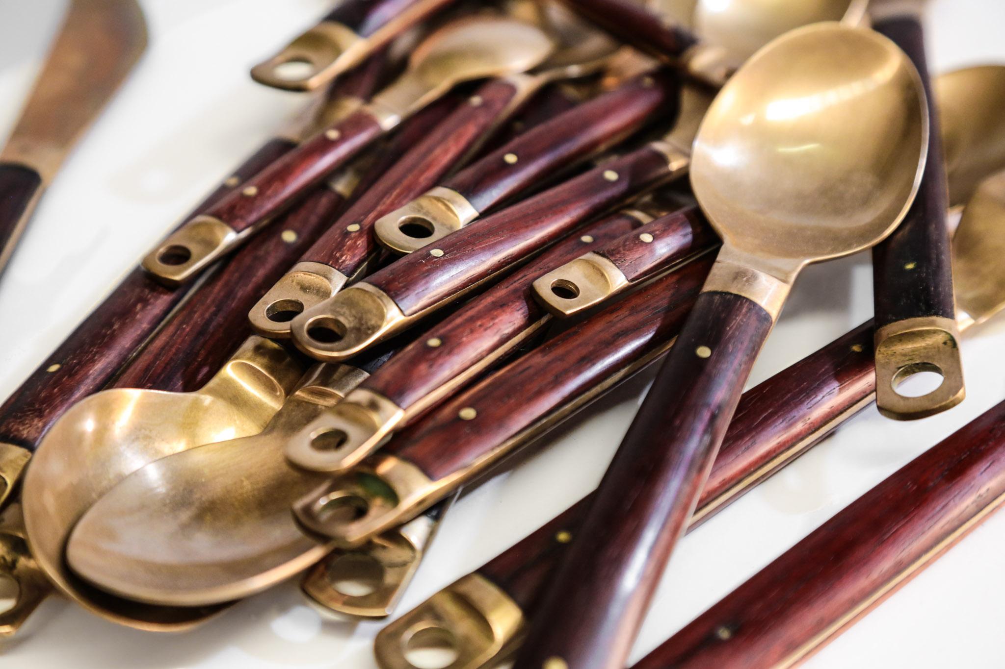 Midcentury Danish Set of Flatware, Brass and Rosewood In Good Condition In Lyon, FR