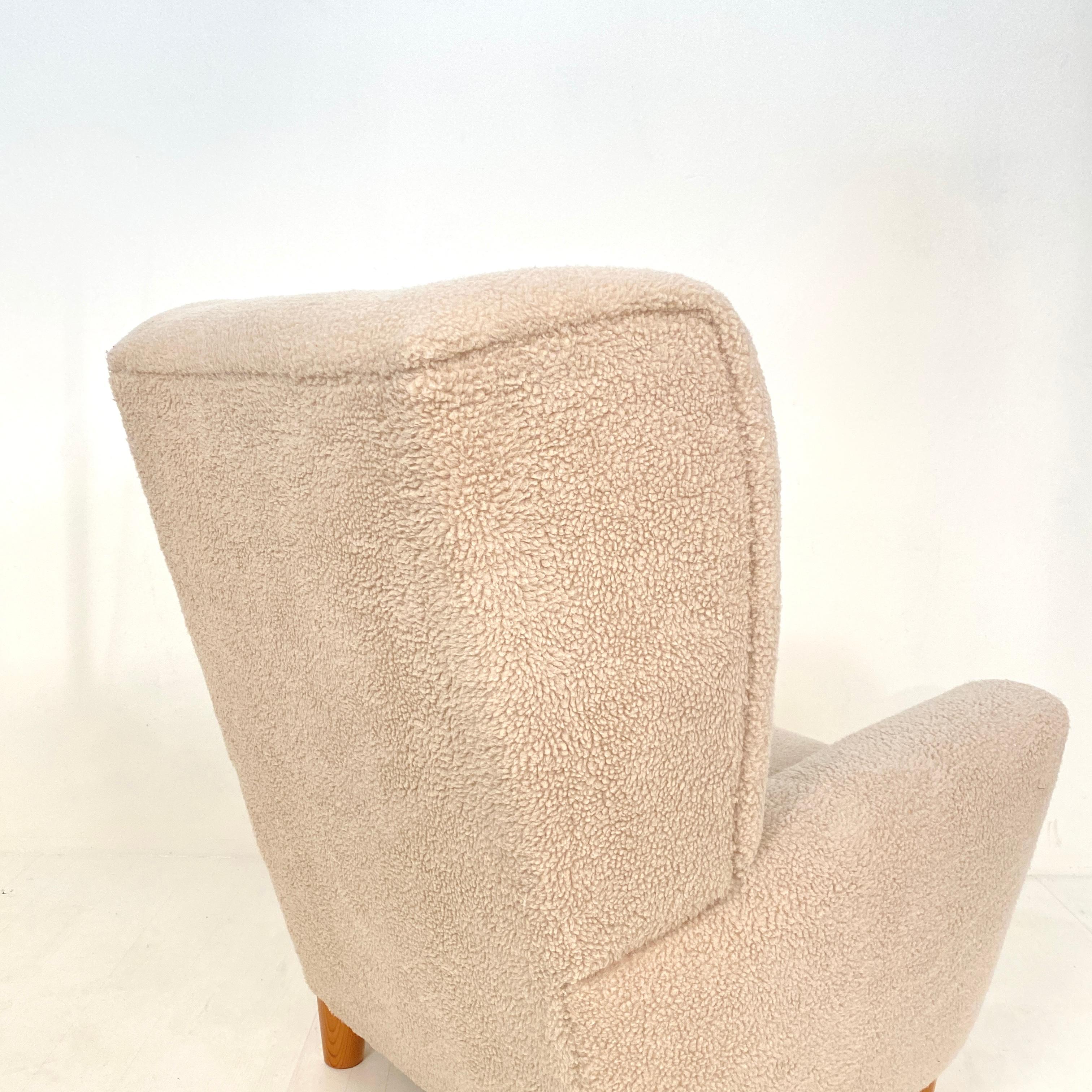 Mid Century Danish Shearling High Back Wing Chair / Armchair, Around 1970s 6