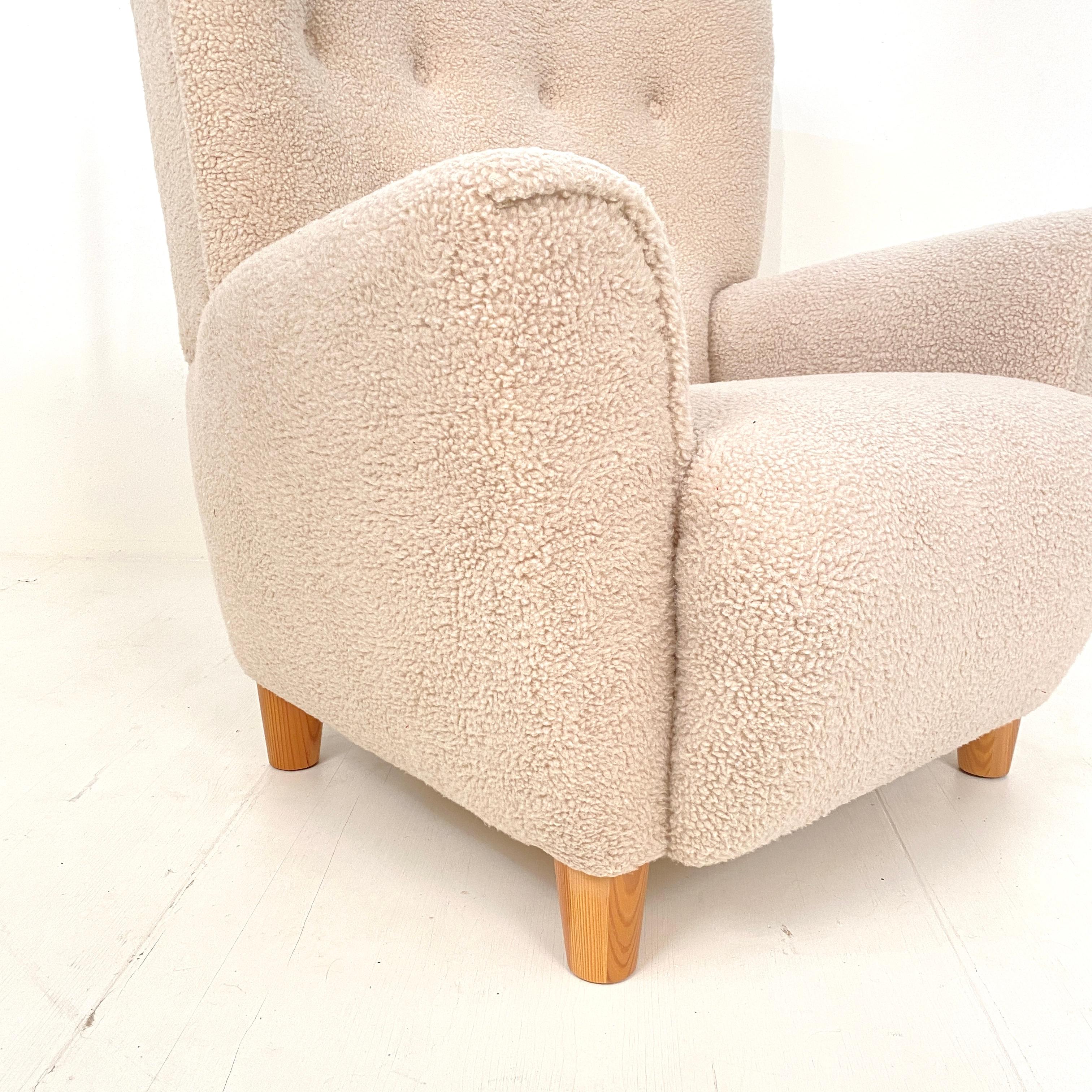 Mid Century Danish Shearling High Back Wing Chair / Armchair, Around 1970s 10