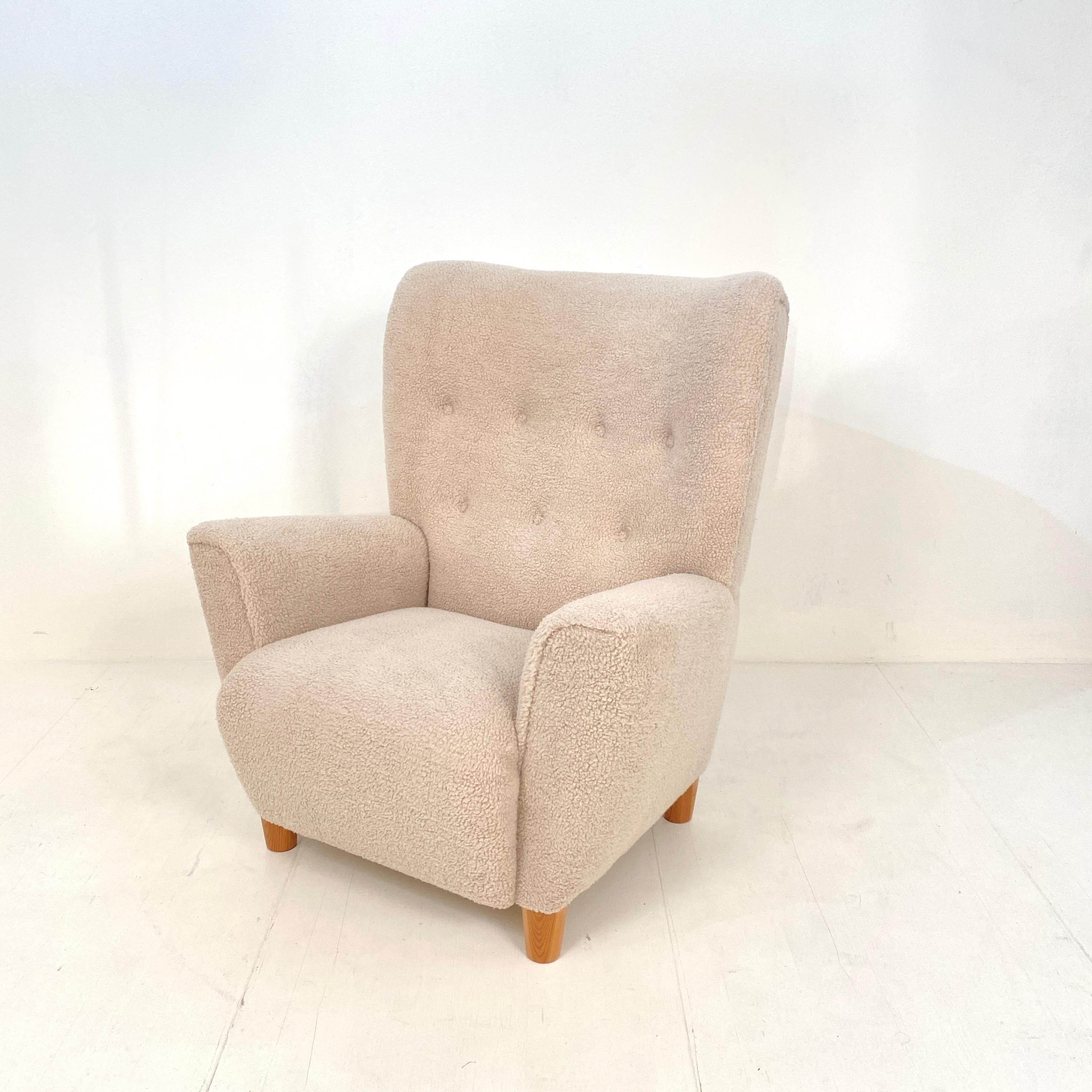 Mid Century Danish Shearling High Back Wing Chair / Armchair, Around 1970s 12