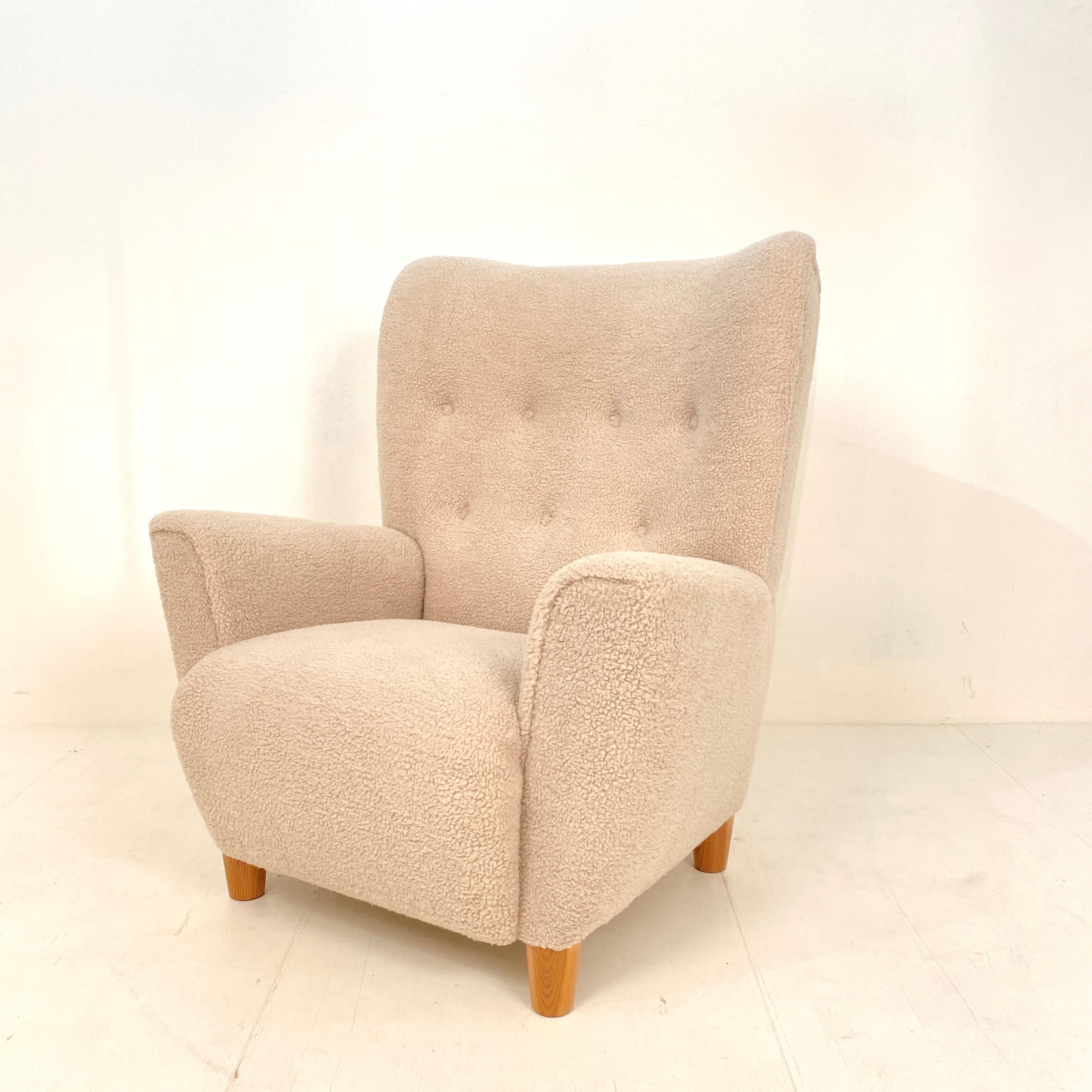 Fabric Mid Century Danish Shearling High Back Wing Chair / Armchair, Around 1970s